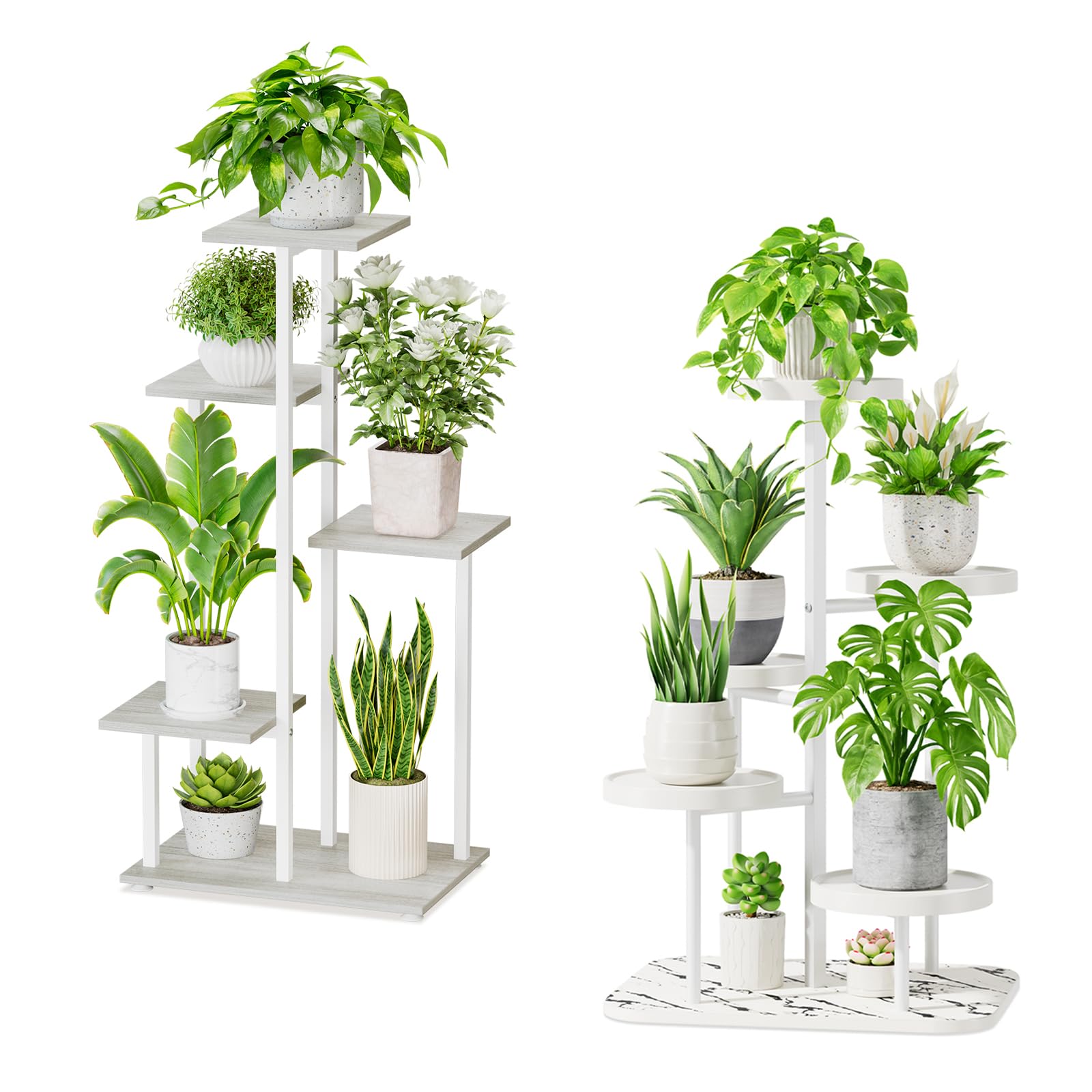 iDavosic.ly Metal 5 Tier Plant Stand for Indoor Outdoor 2 Pack, Wood Orchid Pot Display Rack and Plastic Tall Corner Flower Holder Shelf for Patio Porch Garden Balcony Living Room, White