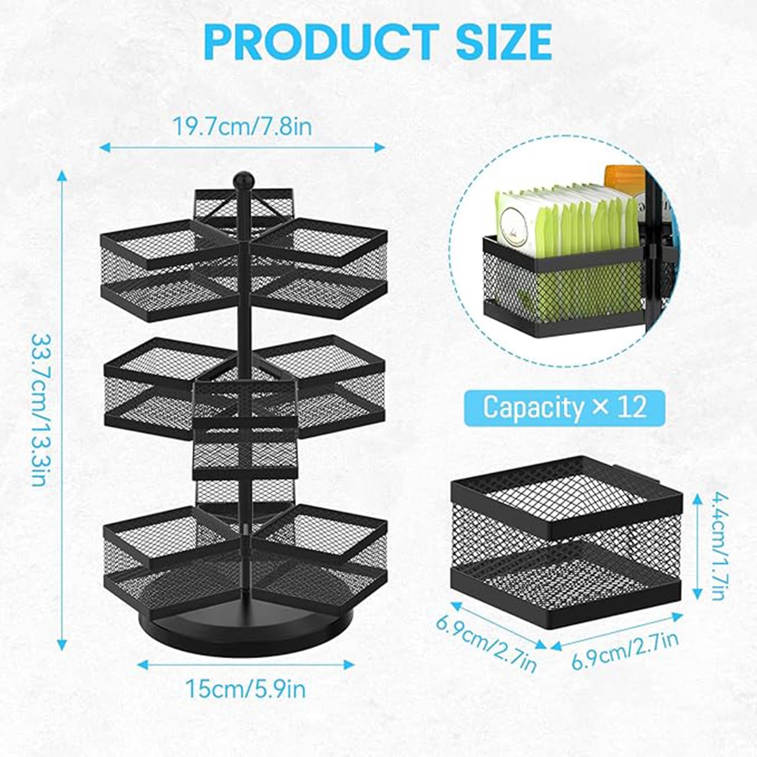 iDavosic.ly 3 Tier Tea Bag Organizer, Packet Storage Holder Spinning Carousel With 9 Compartments, Rotating Metal Caddy for Kitchen Counter Cabinet, Up to 108 Teabags Storage, Black
