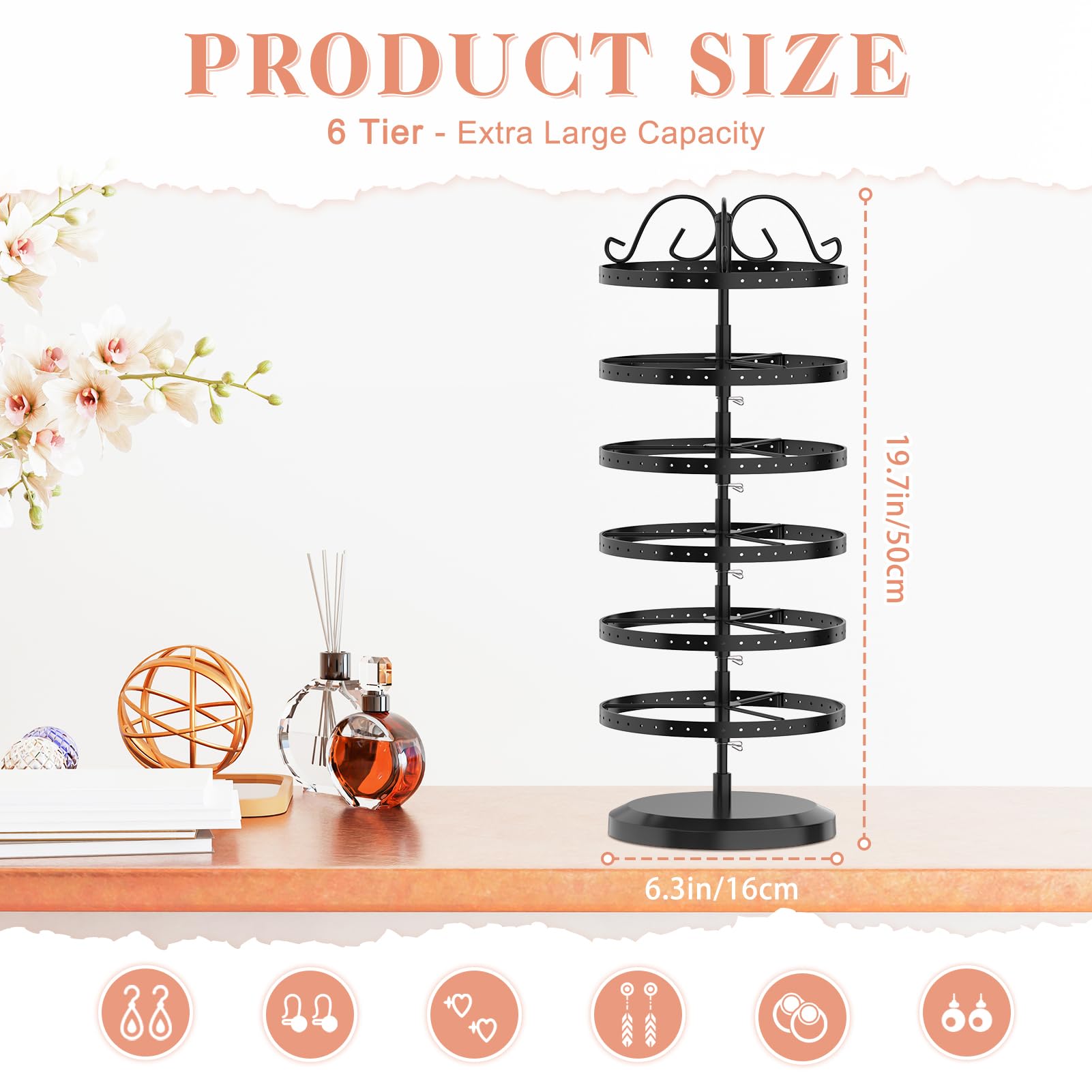 iDavosic.ly 6 Tier Rotating Earring Holder Organizer Set of 2, Metal Large Stud Storage Stand, Adjustable Plastic Dangle Display Rack Tower for Women, Black