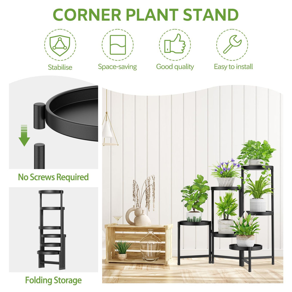 iDavosic.ly 2 Pack Black Foldable Plant Stand Indoor Outdoor, 6 Tier Large Corner Flower Pot Holders and 5 Layer Metal Plastic Tall Orchid Display Rack for Window Porch Garden Balcony Patio