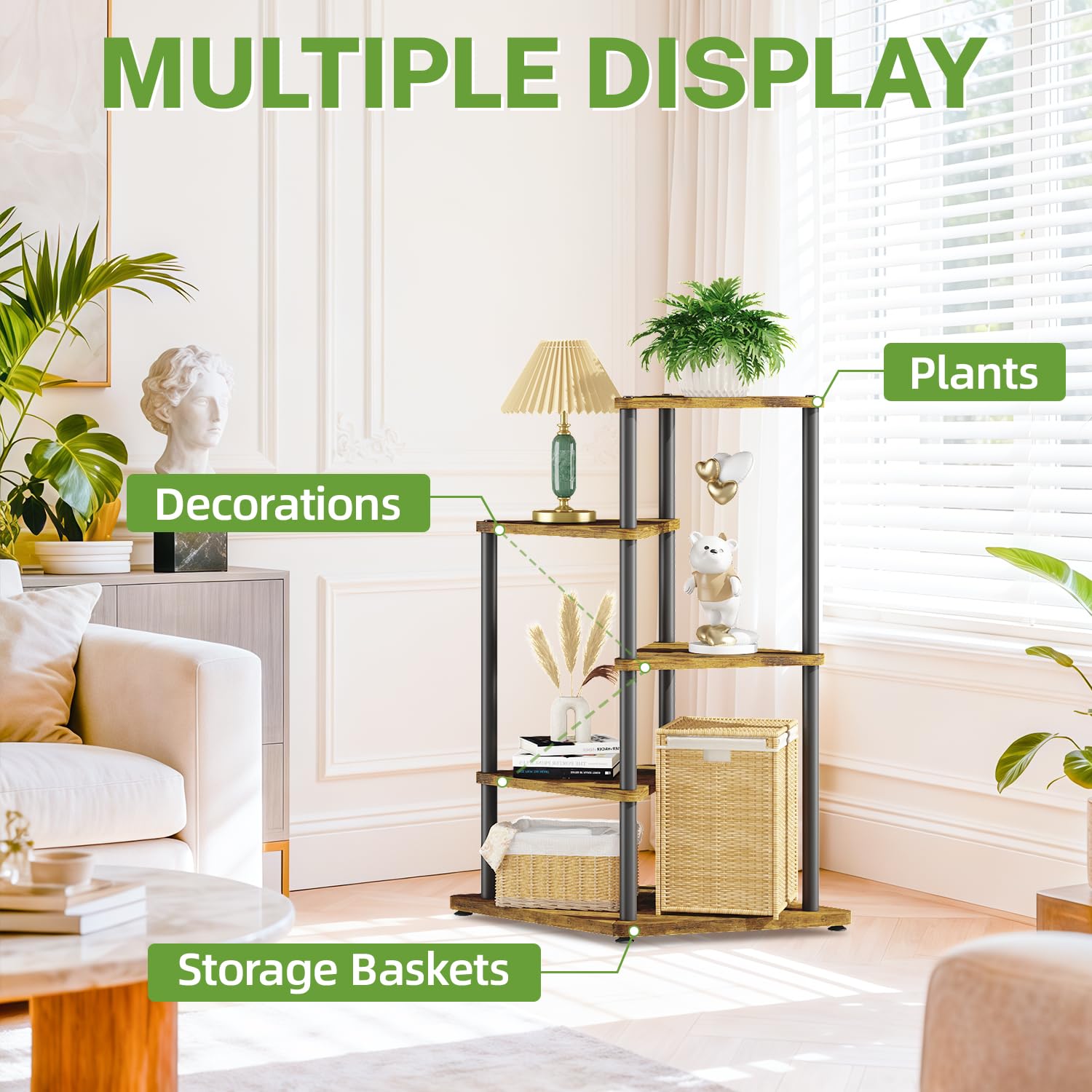 iDavosic.ly Tall Plant Stand Indoor for Large & Heavy Duty Planters, 4 Tier Corner Flower Shelf with Wooden Trays & Metal Frame, 33 Inch Orchid Rack for Living Room Balcony Porch, Black & Brown
