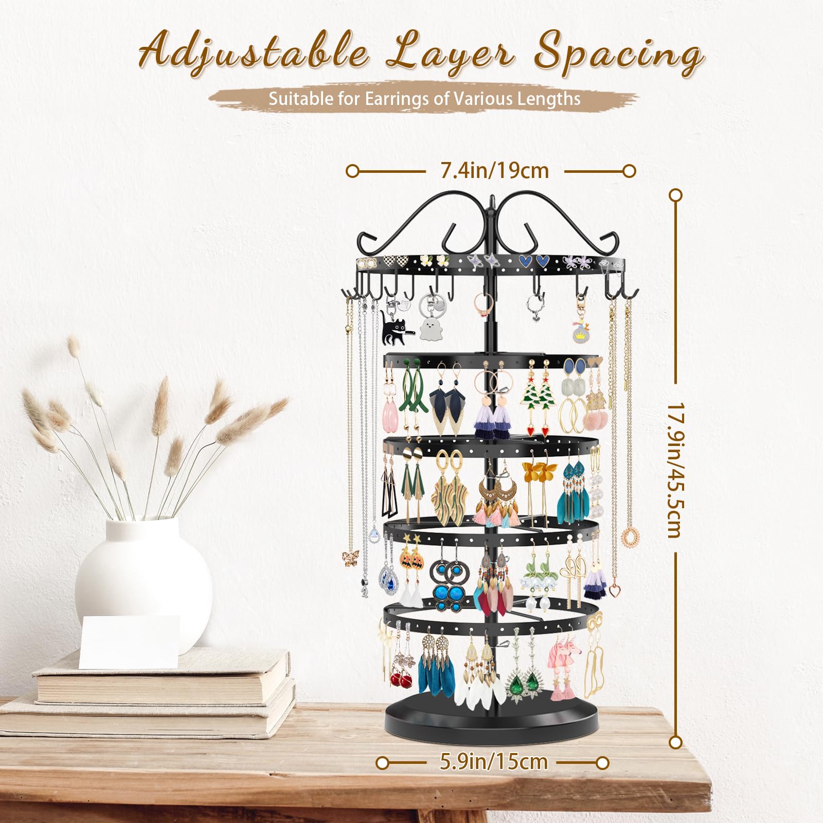 iDavosic.ly 5 Tier Earring Holder Organizer, Rotating Earring Holder Stand with 17 Hooks, Metal Adjustable Large Earring Tree Necklace Display Rack (Black)