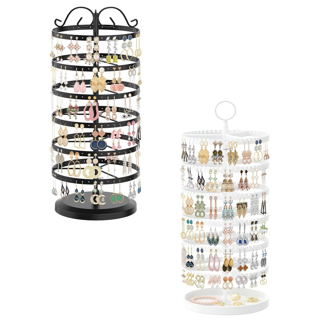 iDavosic.ly 6 Tier Rotating Earring Holder Organizer Set of 2, Metal Large Stud Storage Stand, Adjustable Plastic Dangle Hoop Display Rack Tower for Women Black and White