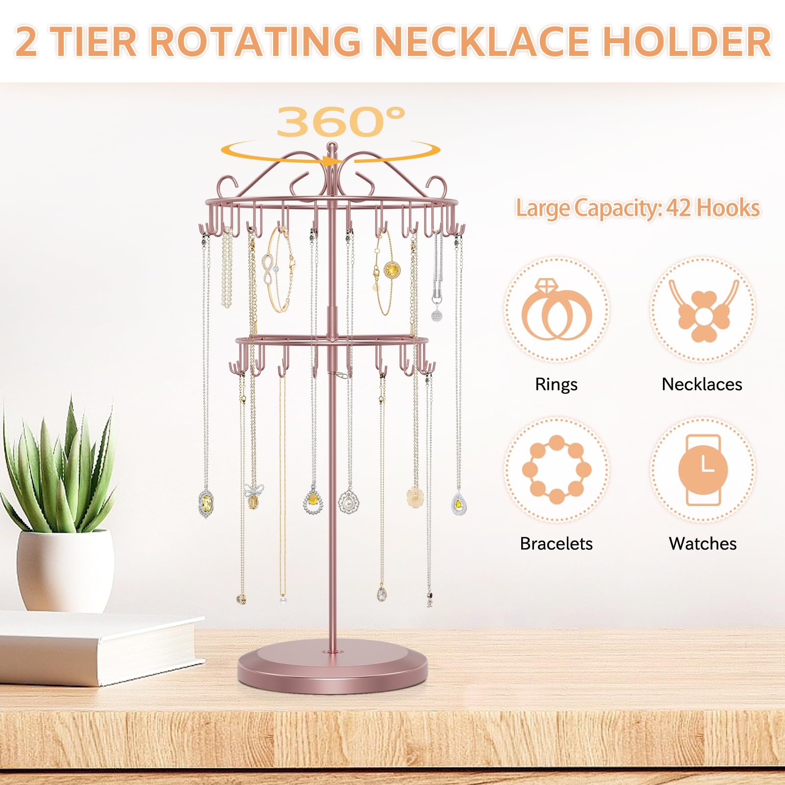 iDavosic.ly 2 Tier Rotating Necklace Holder Organizer with 42 Hooks, Adjustable Metal Bracelet Display Stand Rack, Extra Tall Keychain Spinning Tree Tower for Women, Rose Gold