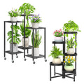 iDavosic.ly 2 Pack Plant Stand Indoor Outdoor, 6 Tier 11 Inch Wide Flower Pot Holder Shelf with Wheels and 5 Layer Foldable Metal Plastic Orchid Display Rack for Patio Garden Window Balcony, Black