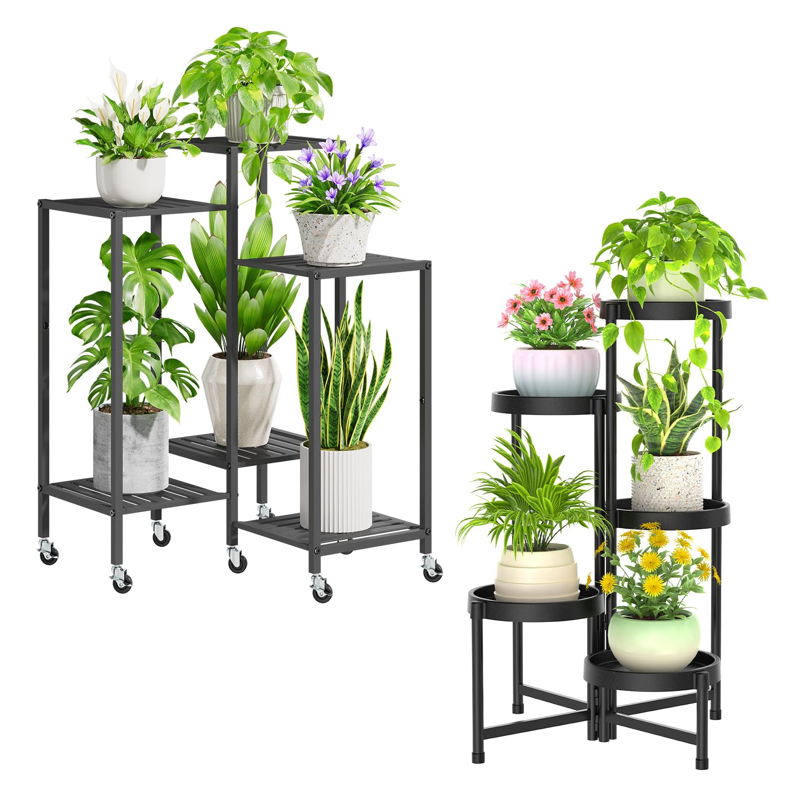iDavosic.ly 2 Pack Plant Stand Indoor Outdoor, 6 Tier 11 Inch Wide Flower Pot Holder Shelf with Wheels and 5 Layer Foldable Metal Plastic Orchid Display Rack for Patio Garden Window Balcony, Black