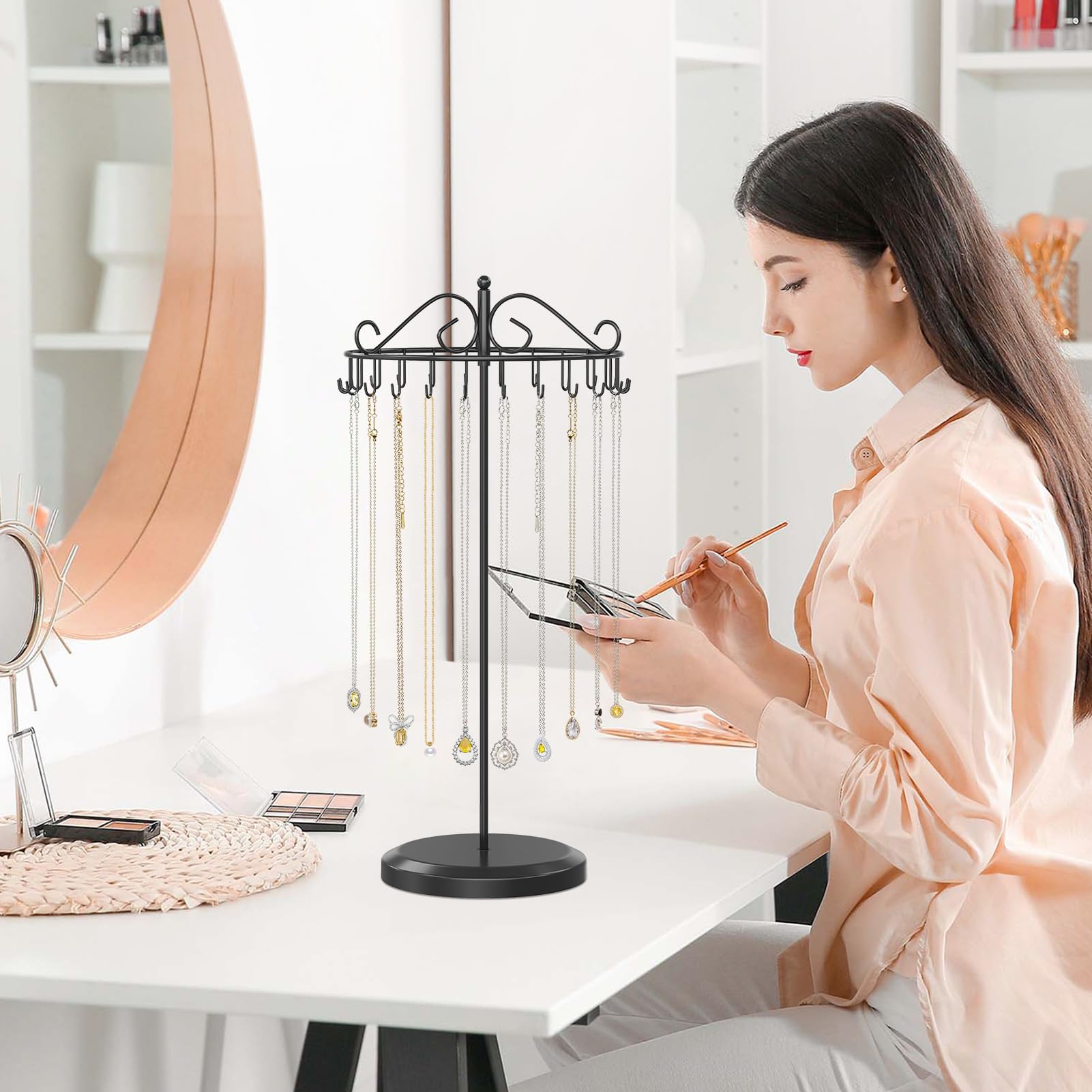 iDavosic.ly Rotating Necklace Holder Organizer with 24 Hooks, Adjustable Metal Bracelet Display Stand Rack, Extra Tall Keychain Spinning Tree Tower for Women, Black