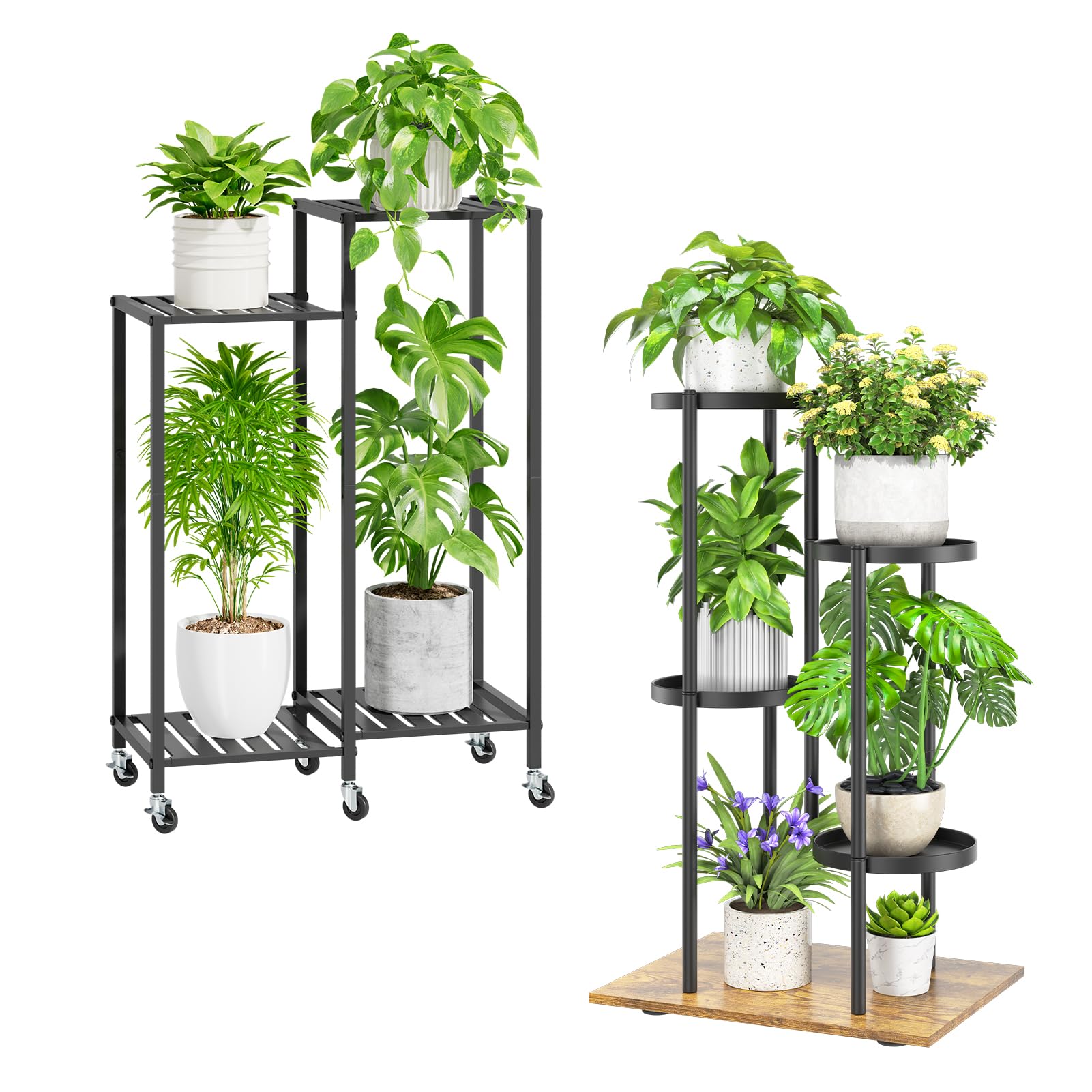 iDavosic.ly 4 Tier Plant Stand for Indoor Outdoor Set of 2, Metal Flower Pot Holder Shelf with Wheels and Tall Corner Orchid Rack for House Patio Balcony Garden Living Room Porch, Black
