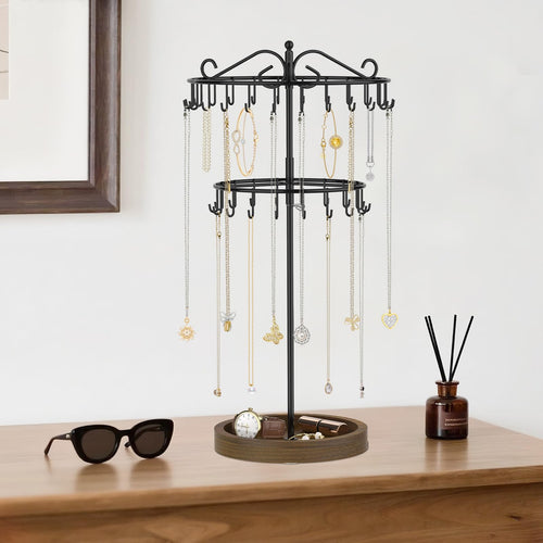 iDavosic.ly 2 Tier Rotating Necklace Holder Organizer with Wooden Jewelry Tray, Adjustable Metal Bracelet Display Stand with 42 Hooks, Extra Tall Keychain Spinning Tree Tower for Women, Black