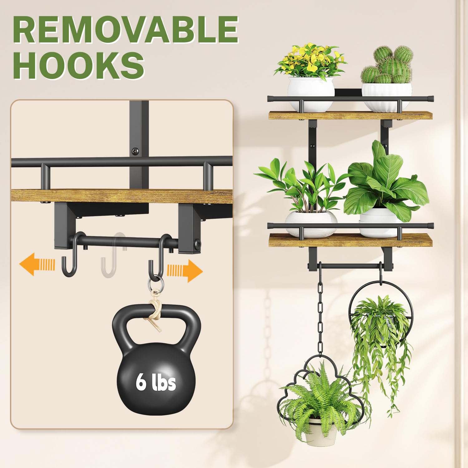 iDavosic.ly Wall Plant Holder Set of 4, 2-Tier Floating Shelf with Hooks for Hanging Plants, Metal Display Stand for Indoor Outdoor Living Room, Space Saving, Black(Pots/Chains/Plants Not Included)