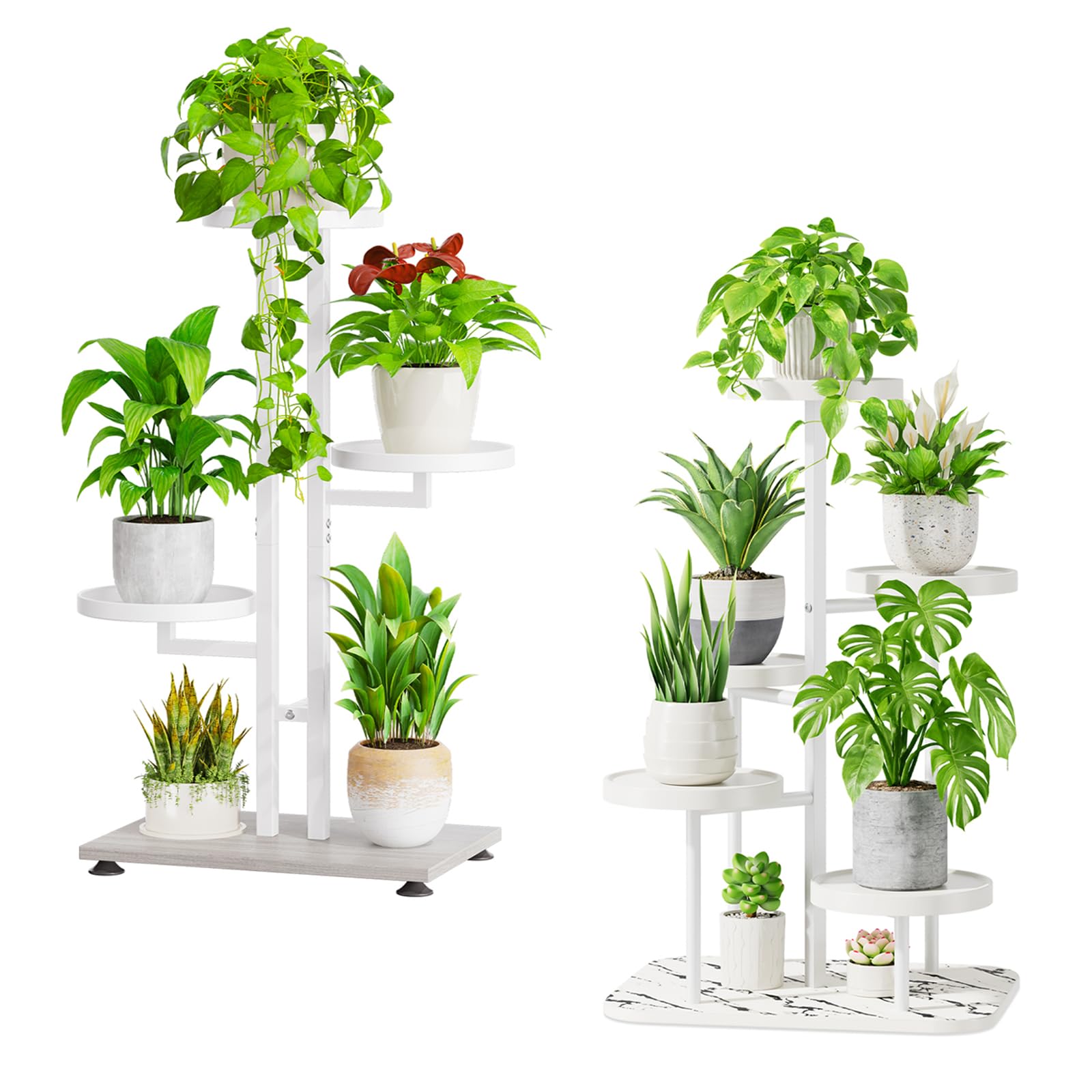 iDavosic.ly Plant Stand for Indoor Outdoor 2 Pack, 4 Tier Tall Flower Pot Holder Shelf and 5 Layer Metal Plastic Corner Orchid Display Rack for House Patio Porch Garden Balcony Living Room, White