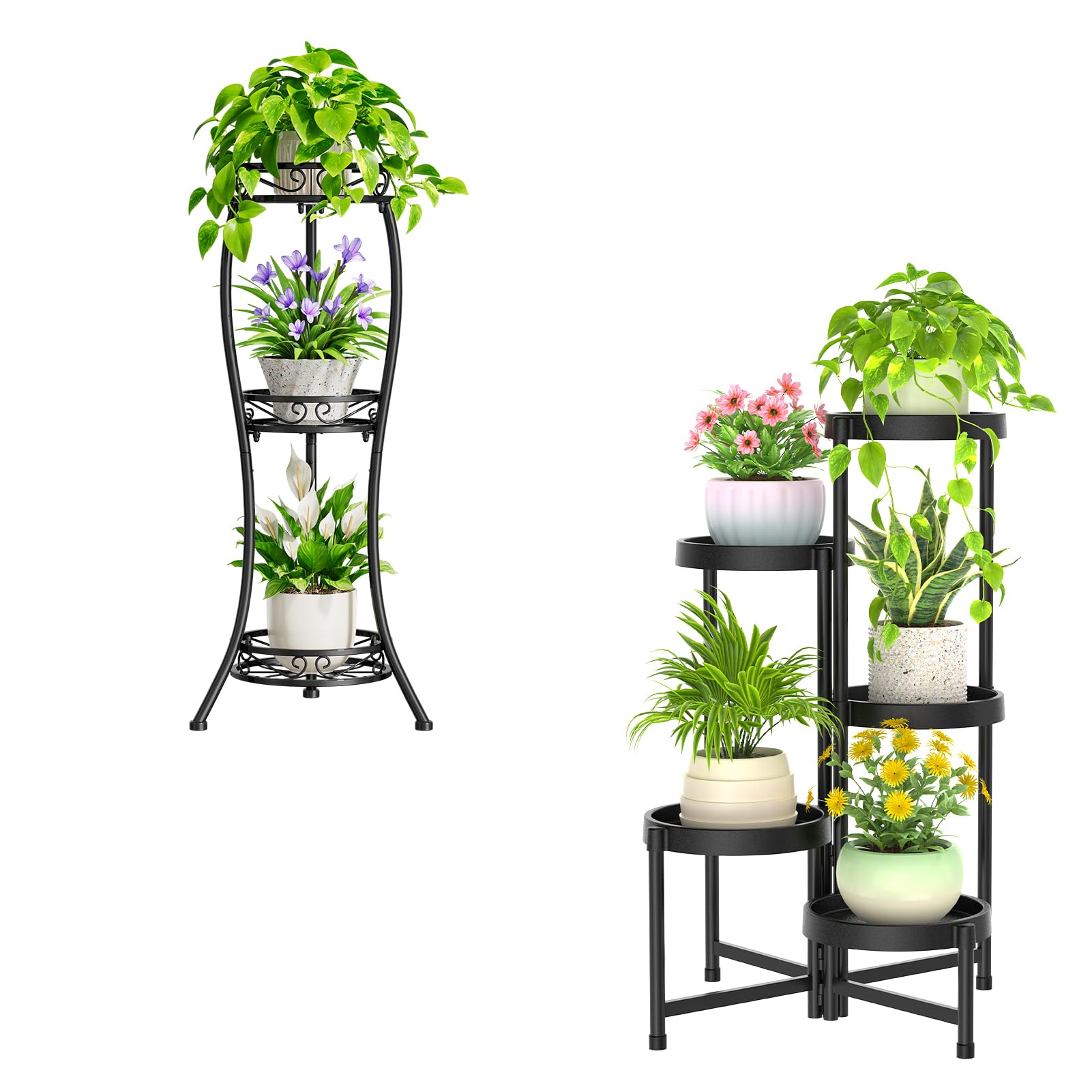 iDavosic.ly 2 Pack Plant Stand for Indoor Outdoor,34 Inch Tall Flower Display Rack and 5 Tier Foldable Metal Plastic Corner Orchid Pot Holder Shelf for Living Room Garden Patio, Black