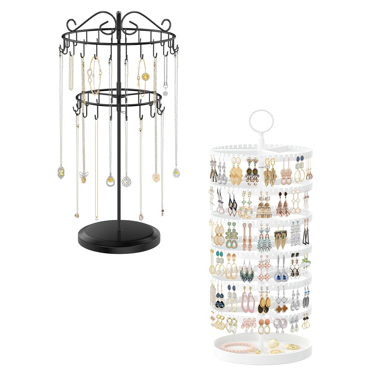 iDavosic.ly 2 Tier Metal Rotating Necklace Holder Organizer and 5 Layer Plastic Adjustable Earring Display Stand Rack, Extra Tall Bracelet Keychain Spinning Tree Tower for Women, Black and White