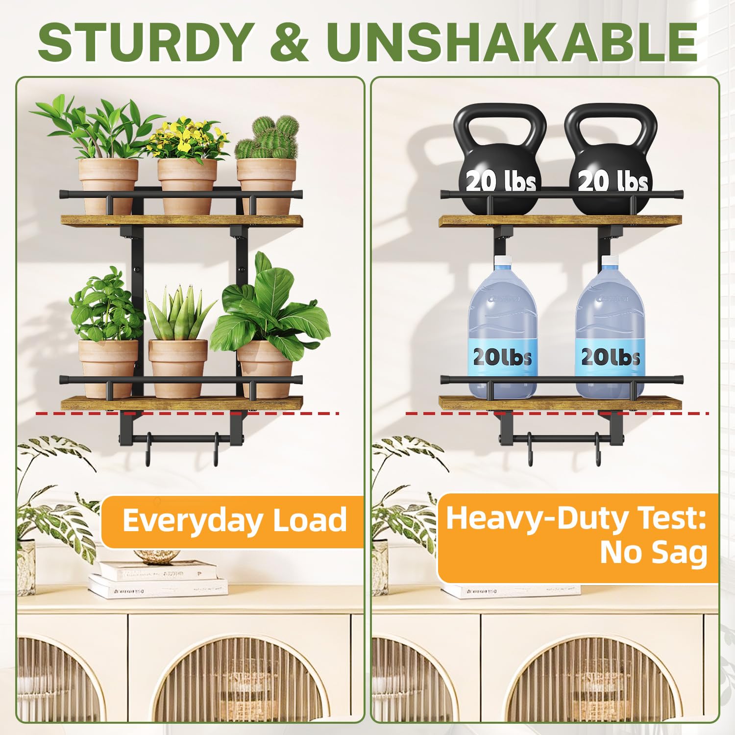 iDavosic.ly Wall Plant Holder Set of 3, 2-Tier Floating Shelves with Hooks, Metal Display Stand for Indoor Outdoor, Picture Frames, Living Room Decor, Space Saving (Pots/Chains/Plants Not Included)