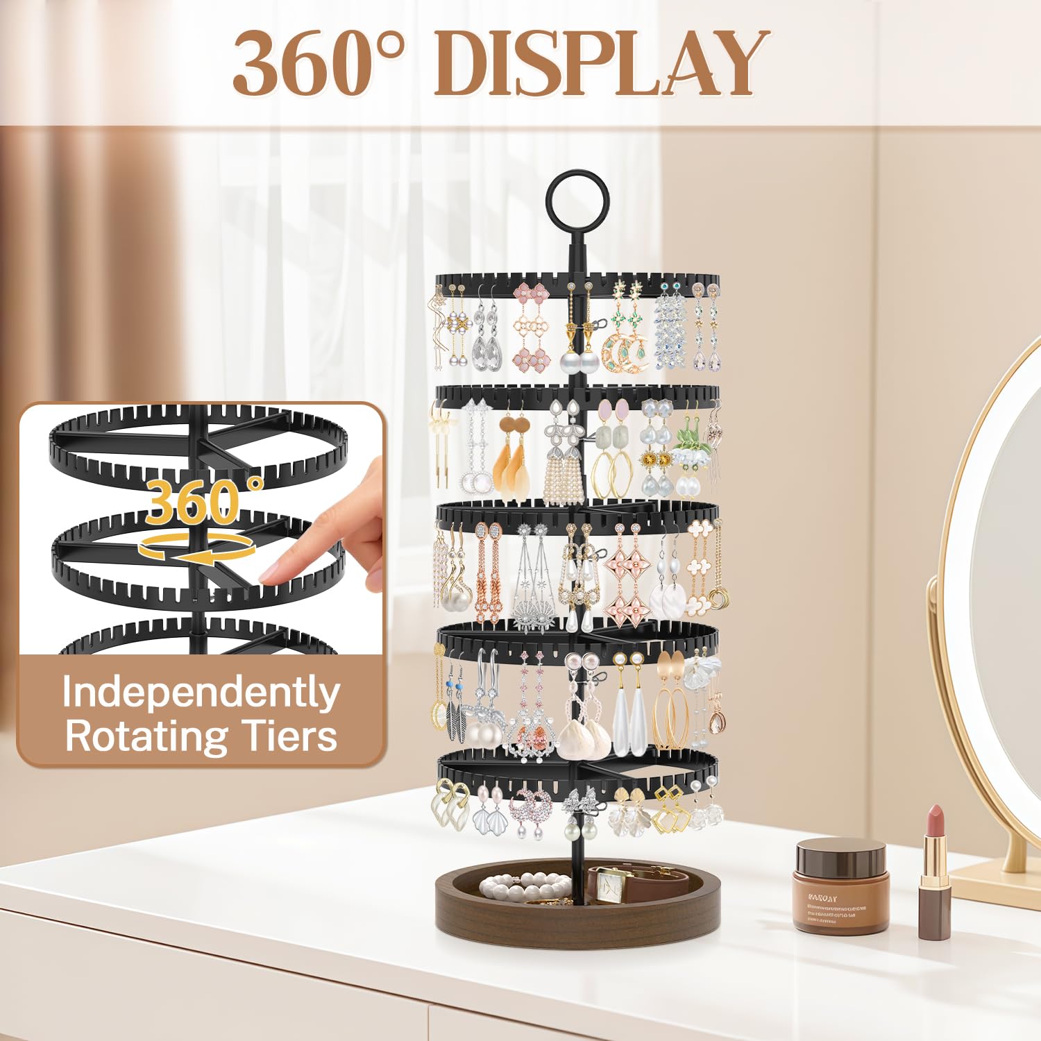 iDavosic.ly 5 Tier Rotating Earring Holder Organizer with Wooden Tray, Large Dangle Display Stands Tree with 285 Plastic Grooves, Adjustable Hoop Storage Rack, Space Saving Tower, Black & Brown