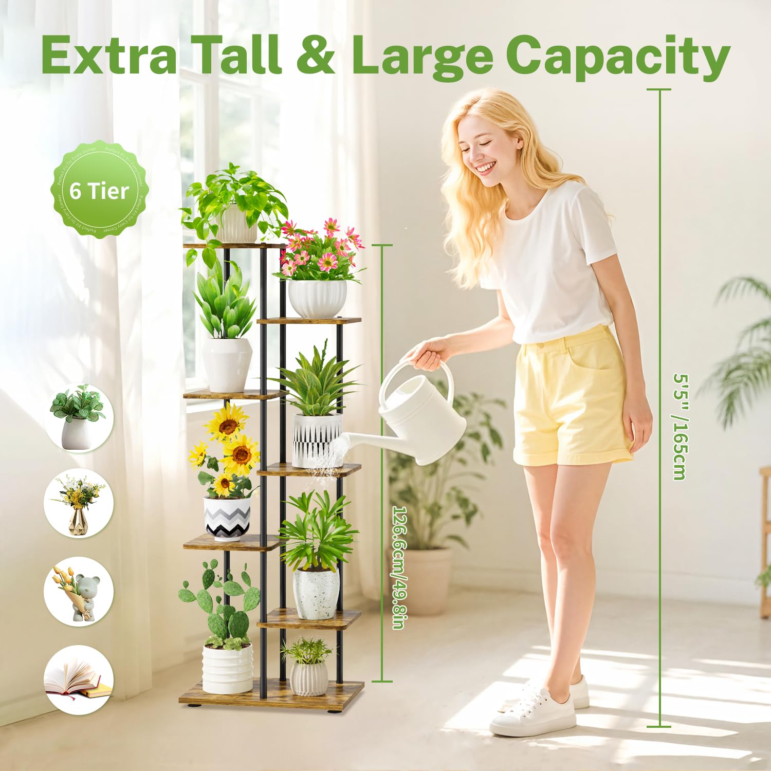 iDavosic.ly 6 Tier Plant Stand Indoor Outdoor Set of 2, Large Foldable Corner Flower Pot Holder Shelf and Metal Wood 50 Inch Tall Orchid Display Rack for Patio Porch Living Room Garden Balcony, Black