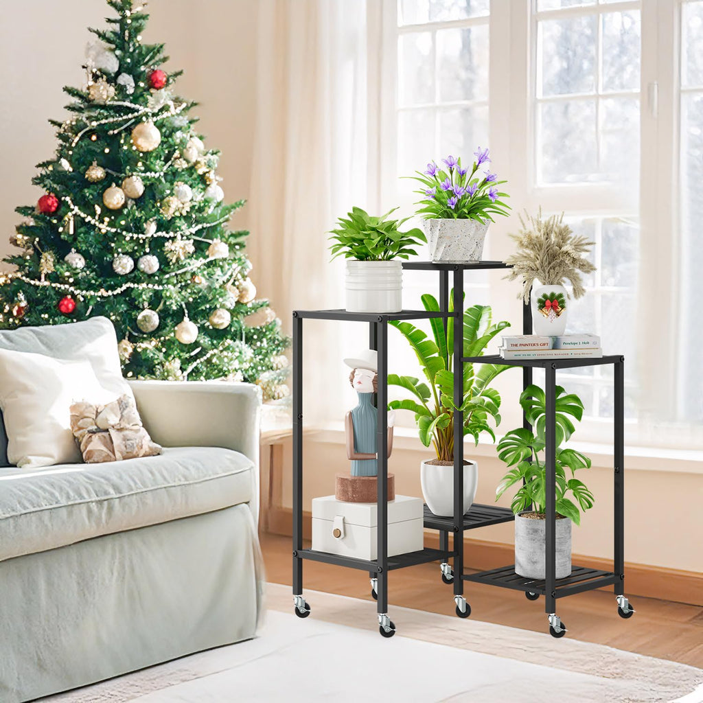 iDavosic.ly Metal Plant Stand Indoor Outdoor Set of 2, 3 Tiered Corner Flower Holder Shelf and 6 Layer Vertical Rolling Rack for Large Pots Modern Black