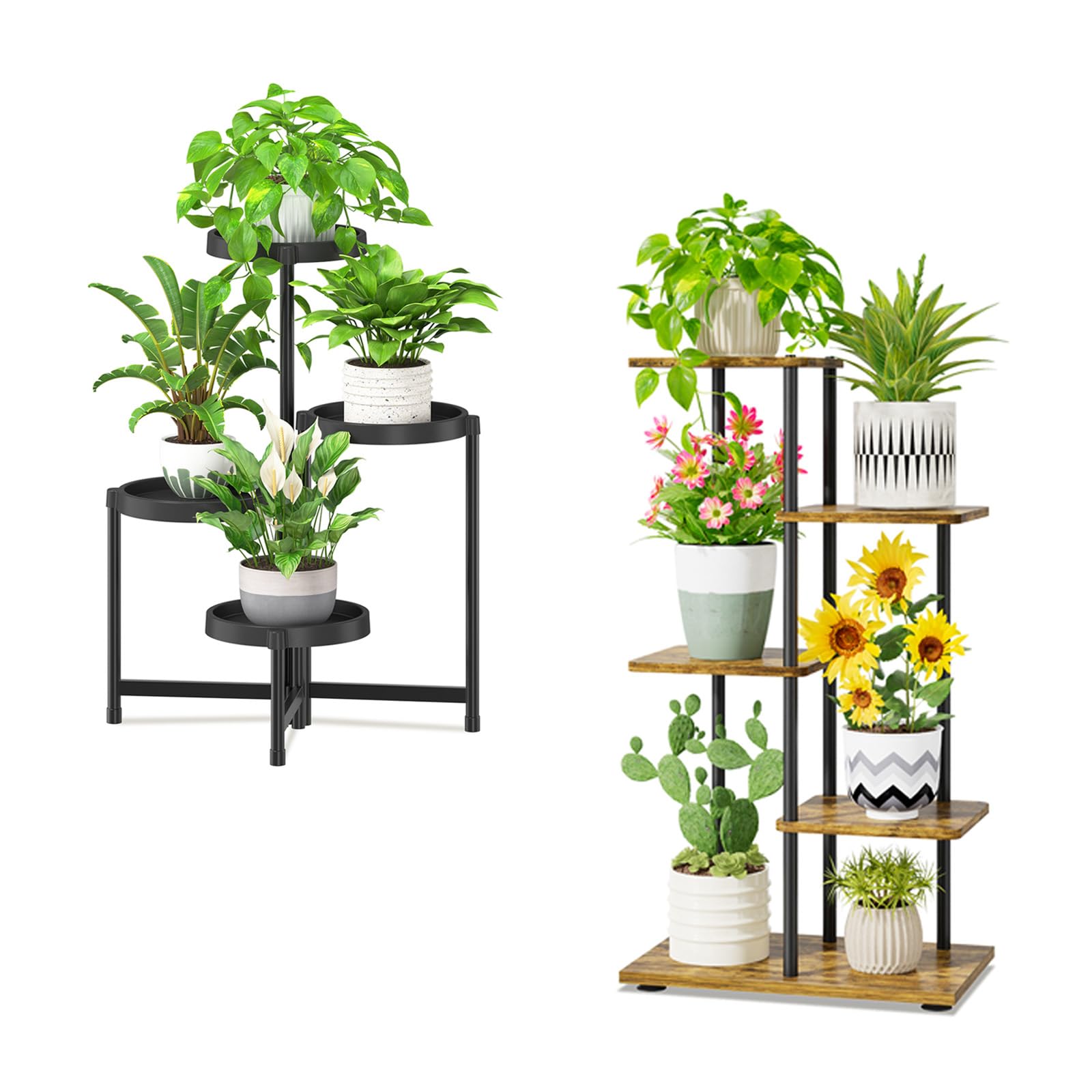 iDavosic.ly Plant Stand Indoor Outdoor Set of 2，4 Tier Folding Corner Flower Holder Shelf and 4 Layer Metal Wood Multiple Orchid Display Rack for Patio Porch Living Room Balcony Outdoor