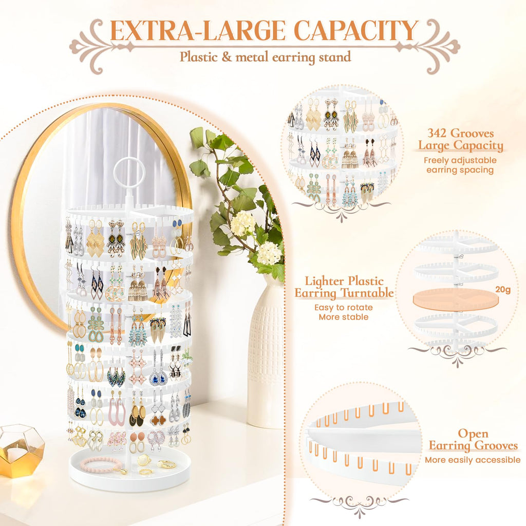 iDavosic.ly 2 Tier Metal Rotating Necklace Holder Organizer and 5 Layer Plastic Adjustable Earring Display Stand Rack with Iron Tray, Bracelet Keychain Spinning Tree Tower for Women Girl, White