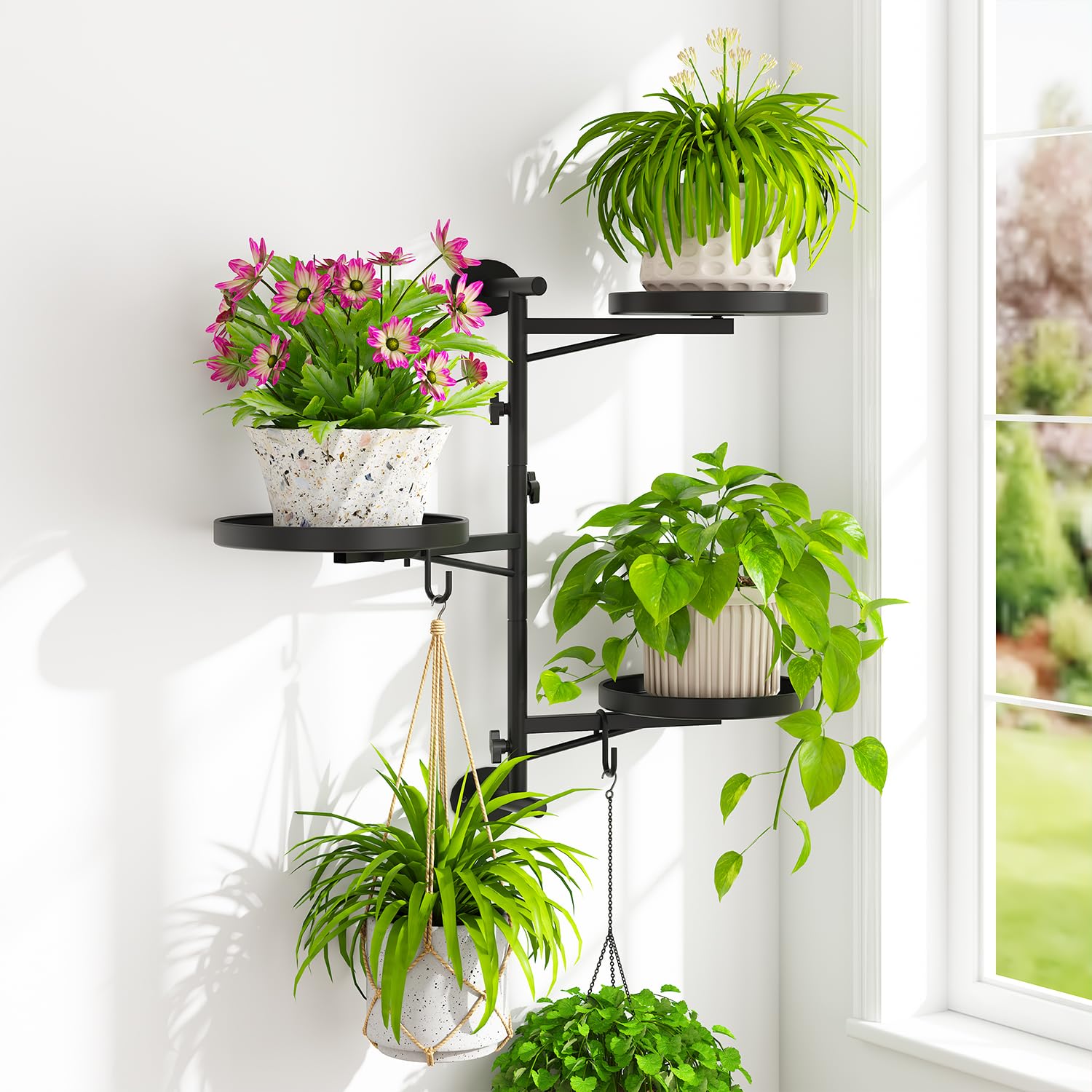 iDavosic.ly Wall Plant Holder Set of 3, Metal Hanger with 2 Hooks Indoor Outdoor, Rotating Window 3 Tier Plant Shelves Flower Display Holder Rack, Space Saving, Black (Pots/Chains/Plants Not Included)