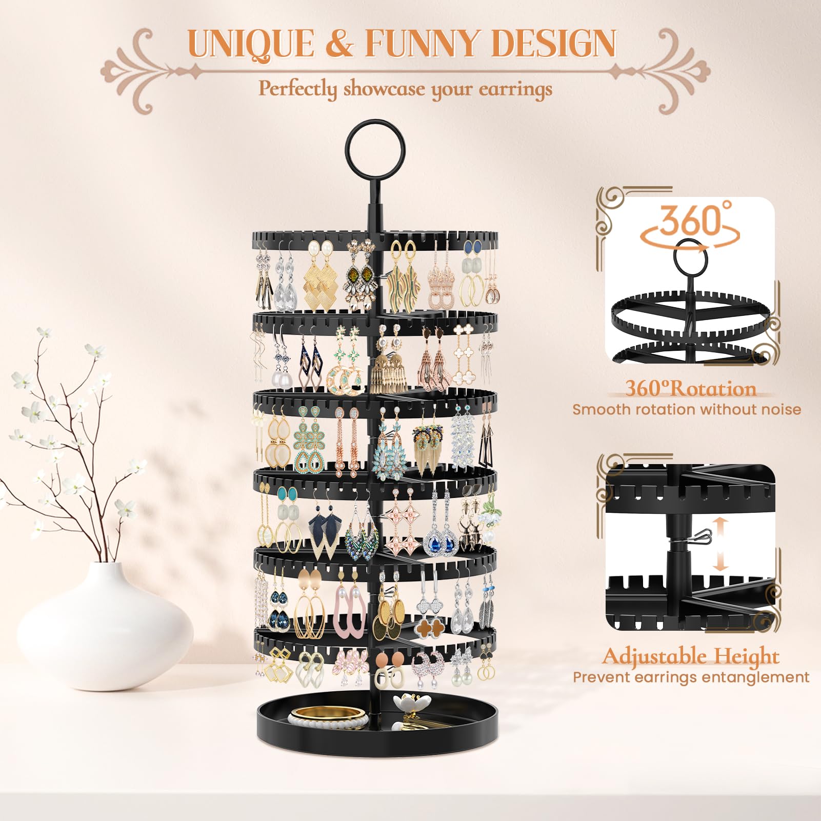 iDavosic.ly 6 Tier Rotating Earring Holder Organizer with Metal Tray, Adjustable Plastic Dangle Display Stands Tree with 342 Grooves, Large Hoop Storage Rack Tower, Black