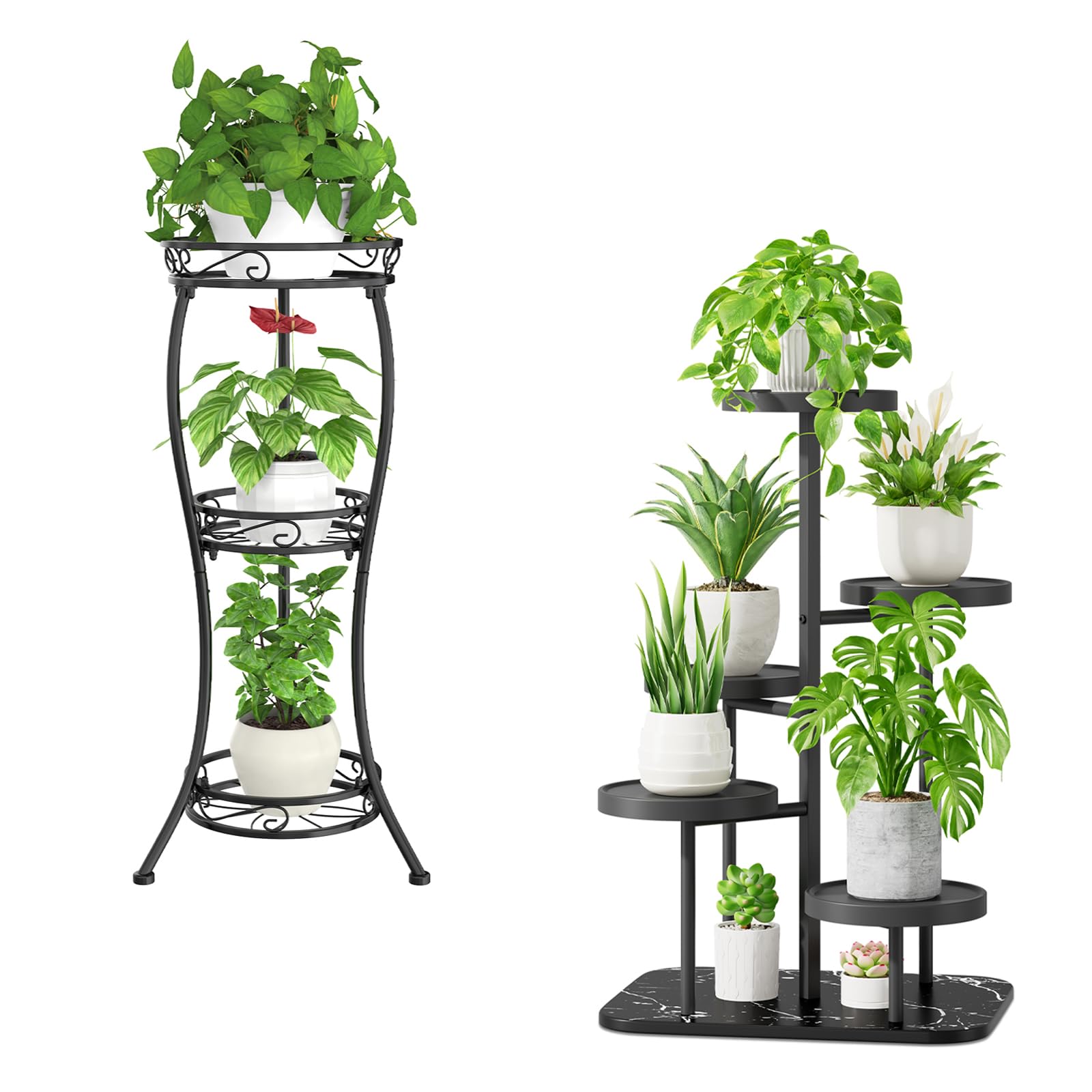 iDavosic.ly Plant Stand Indoor Outdoor 2 Pack, 3 Tier Vertical Corner Flower Pot Holder Shelf and 5 Layer Metal Plastic Tall Orchid Display Rack for Patio Porch Garden Balcony Living Room, Black