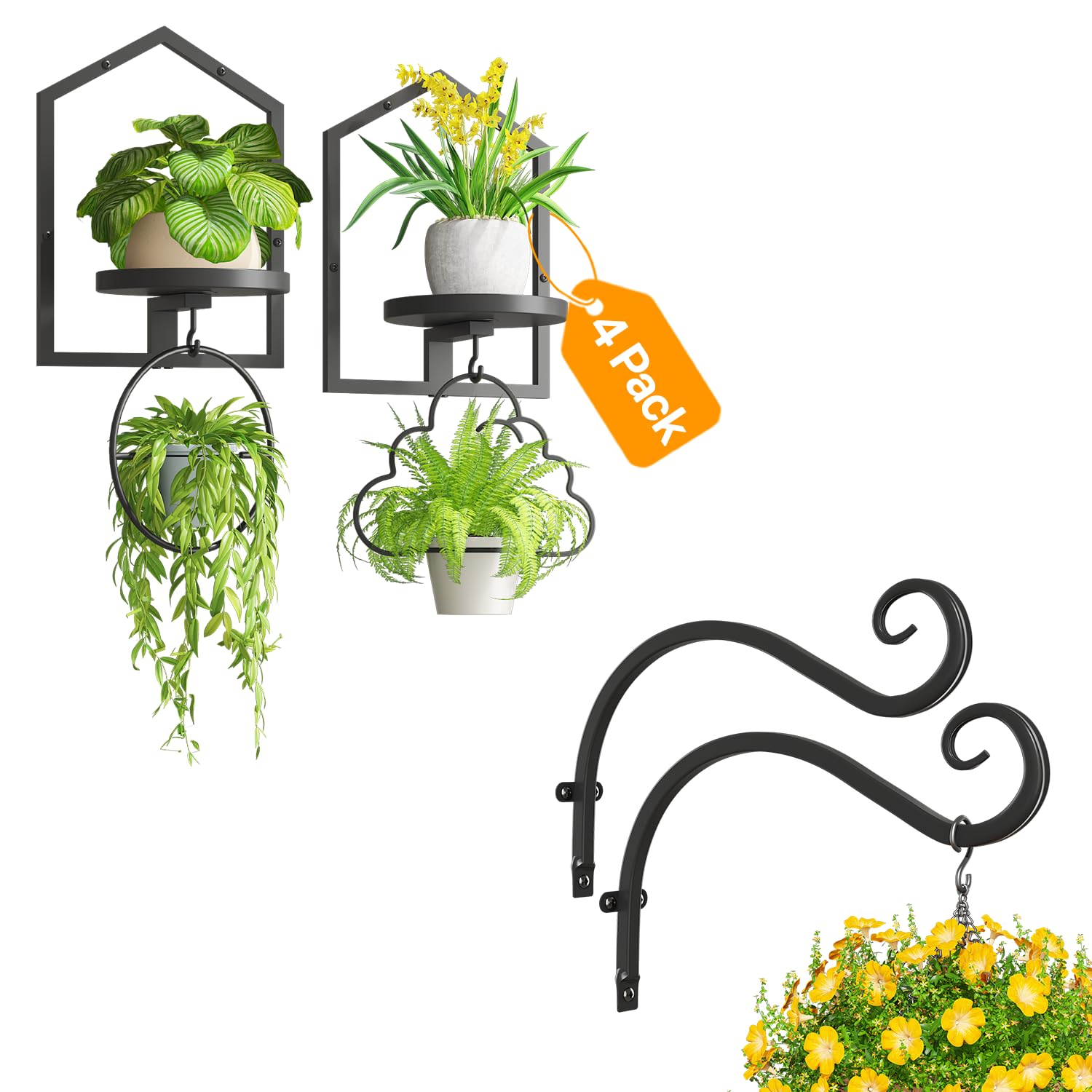 iDavosic.ly Wall Plant Photo Stands Set of 3 Indoor, 11.8 Inch Heavy Duty Outdoor with Hooks, Metal Hanging Solutions for Home, Garden, Porch, Patio, Space Saving (Pots/Chains/Plants Not Included)