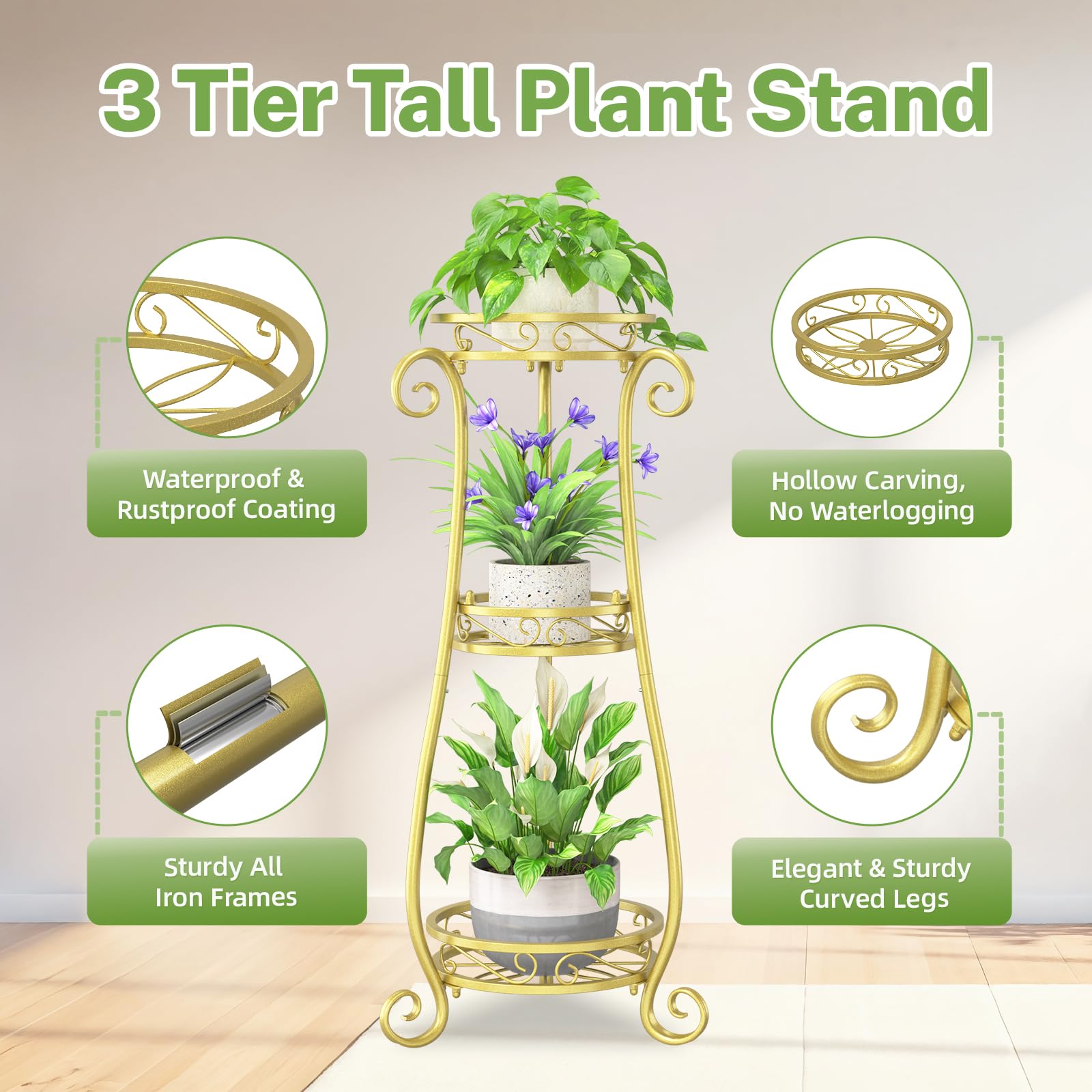 iDavosic.ly 3 Tier Metal Plant Stand Indoor Outdoor, Wrought Iron Corner Tall Flower Pot Holder Shelf, 34 Inch Vertical Heavy Duty Display Rack for Patio Porch Living Room Garden, Gold