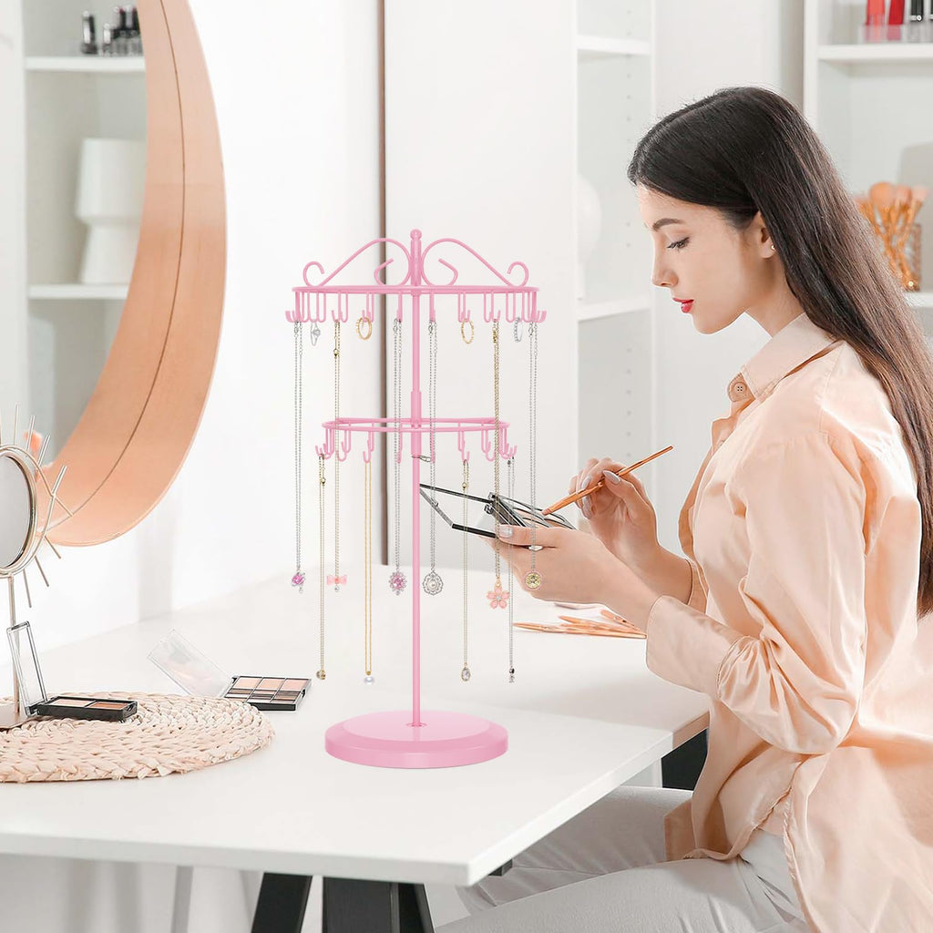 iDavosic.ly 2 Tier Rotating Necklace Holder Organizer with 42 Hooks, Adjustable Metal Bracelet Display Stand Rack, Extra Tall Keychain Spinning Tree Tower for Women, Pink