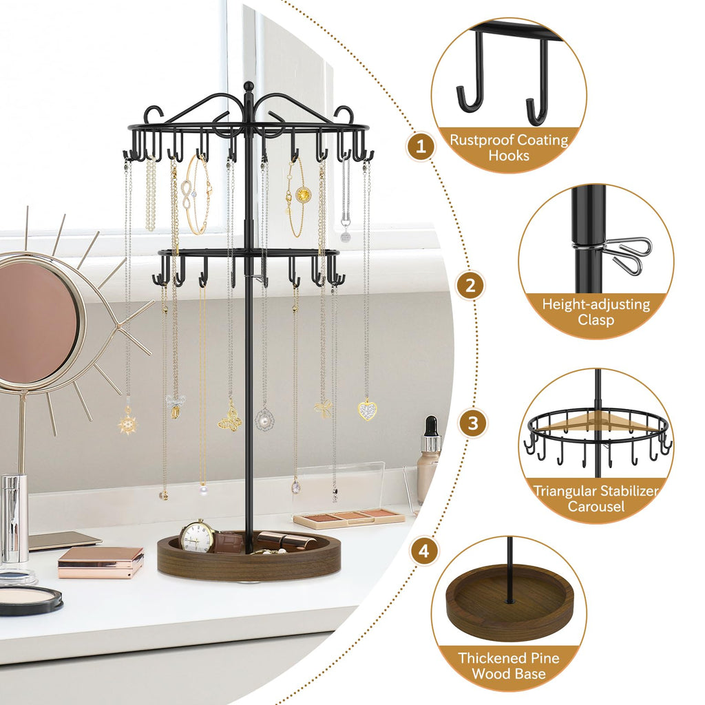 iDavosic.ly 2 Tier Rotating Necklace Holder Organizer with Wooden Jewelry Tray, Adjustable Metal Bracelet Display Stand with 42 Hooks, Extra Tall Keychain Spinning Tree Tower for Women, Black