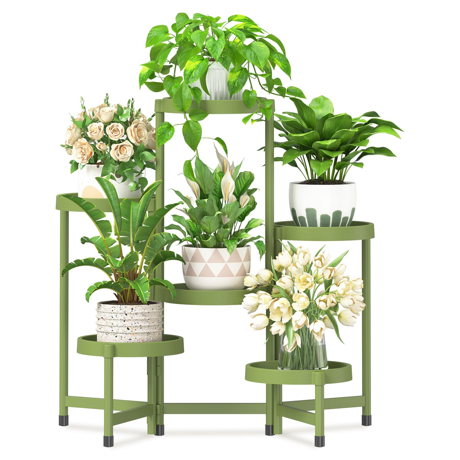 iDavosic.ly 6 Tier Folding Plant Stand Indoor Outdoor with Plastic Tray, Tiered Corner Flower Holder Shelf, Metal Orchid Display Rack for Patio Porch Living Room Garden Balcony, Green