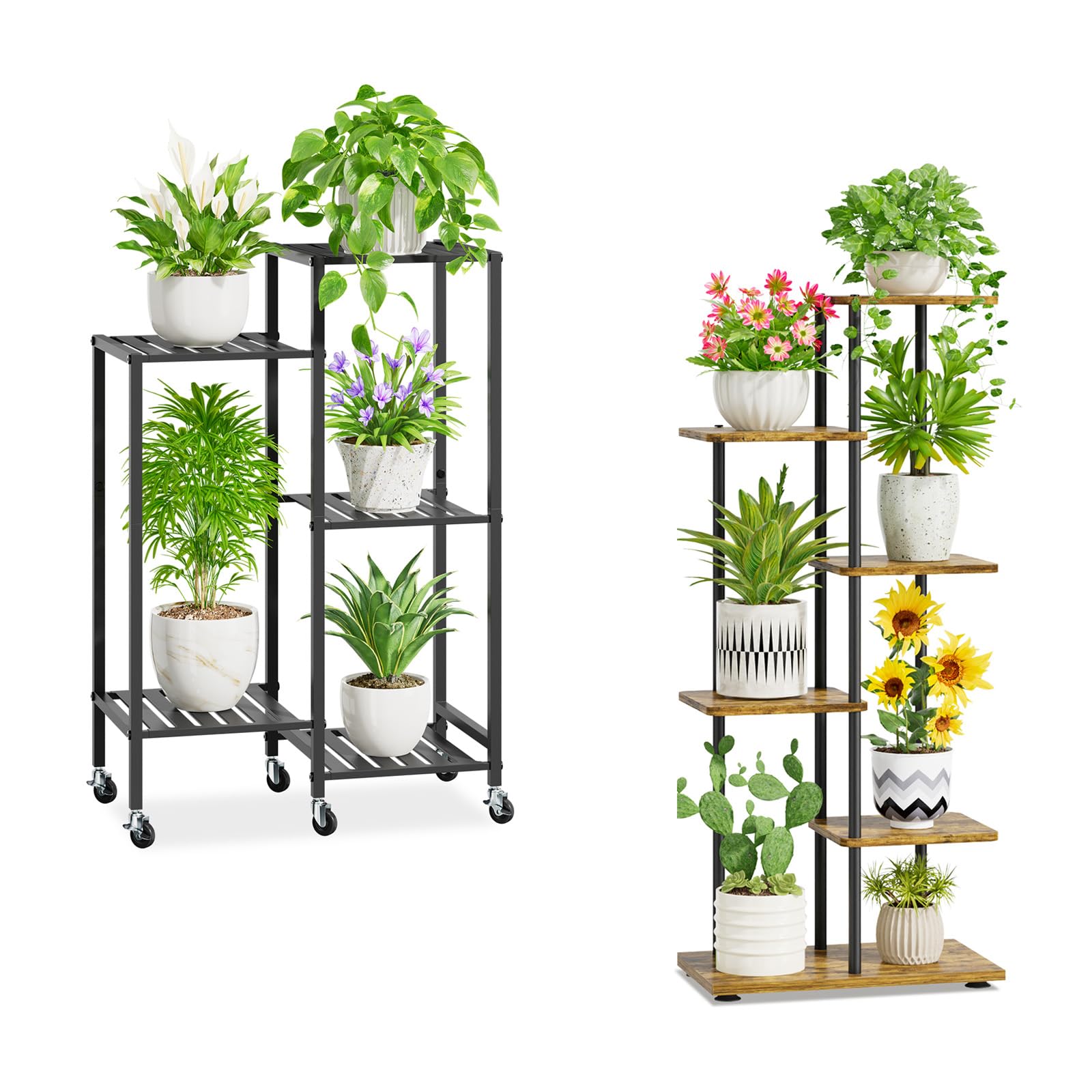 iDavosic.ly Plant Stand Indoor Outdoor Set of 2,5 Tier Metal Flower Holder Shelf with Wheels and 5 Layer Tall Orchid Display Rack for Patio Porch Living Room Balcony Outdoor