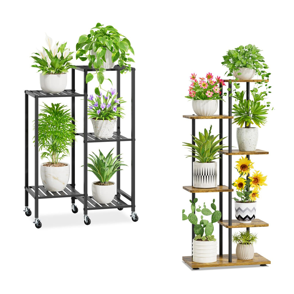 iDavosic.ly Plant Stand Indoor Outdoor Set of 2,5 Tier Metal Flower Holder Shelf with Wheels and 5 Layer Tall Orchid Display Rack for Patio Porch Living Room Balcony Outdoor