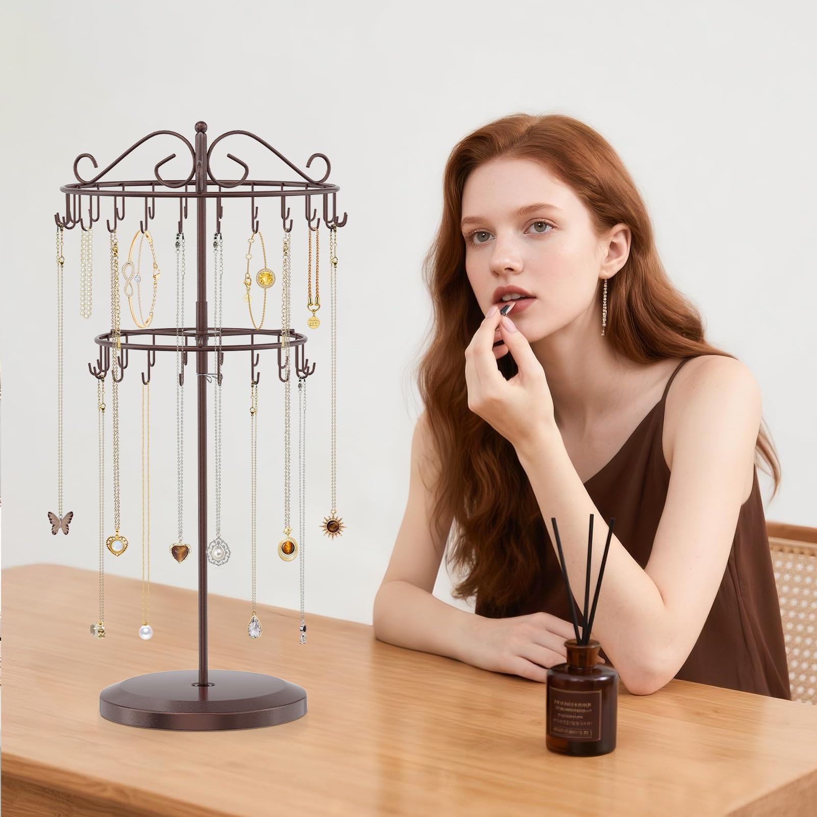 iDavosic.ly 2 Tier Rotating Necklace Holder Organizer with 42 Hooks, Adjustable Metal Bracelet Display Stand Rack, Extra Tall Keychain Spinning Tree Tower for Women, Espresso Brown