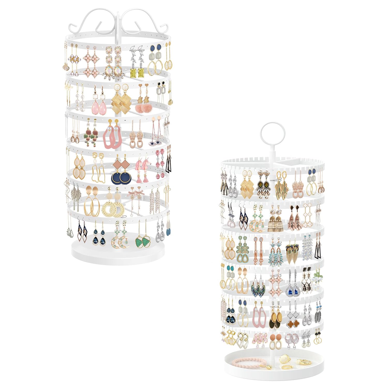 iDavosic.ly 6 Tier Rotating Earring Holder Organizer Set of 2, Metal Large Stud Storage Stand, Adjustable Plastic Dangle Hoop Display Rack Tower with Tray for Women, White