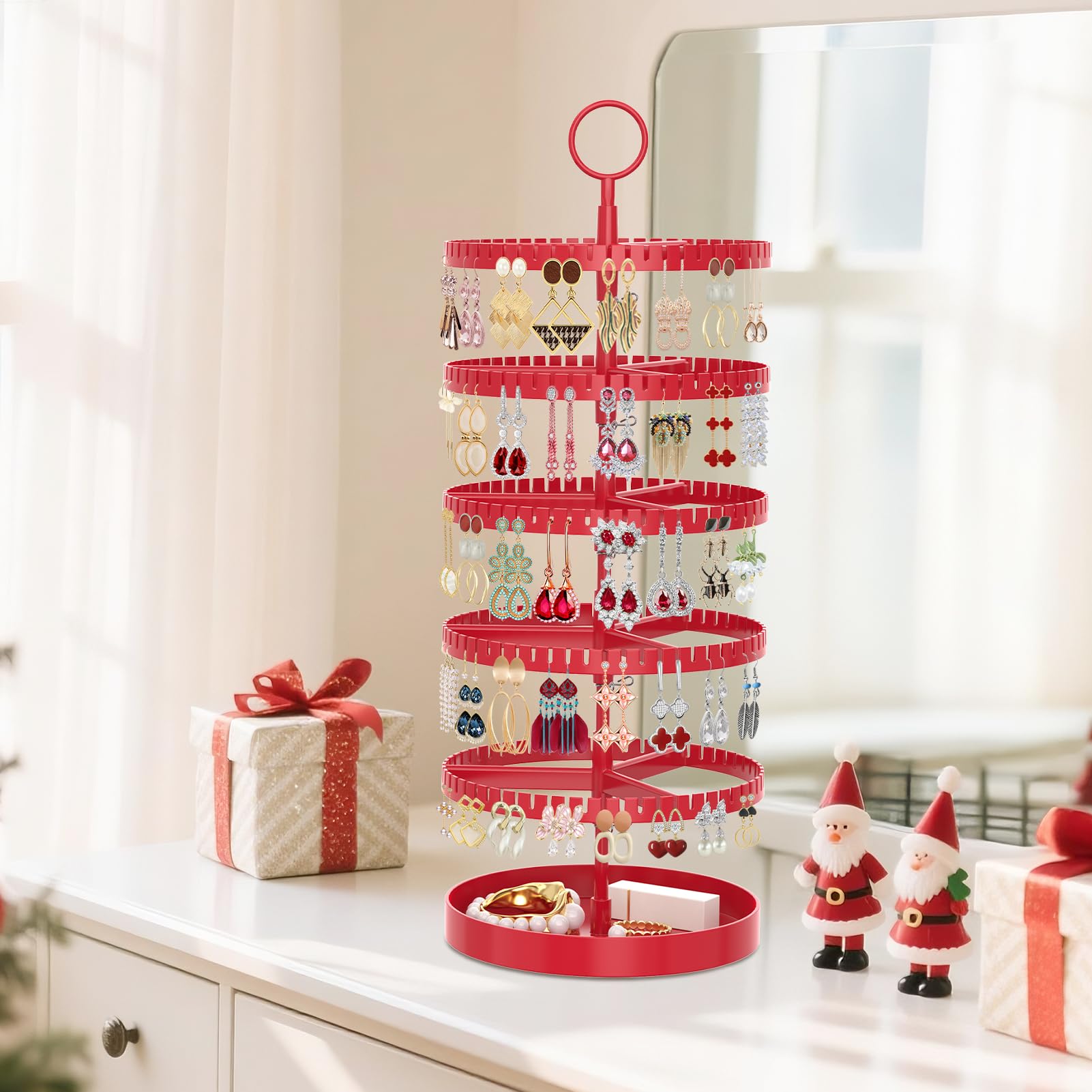 iDavosic.ly 5 Tier Rotating Earring Holder Organizer with Metal Tray, Adjustable Plastic Dangle Display Stands Tree with 285 Grooves, Large Hoop Storage Rack Tower, Red
