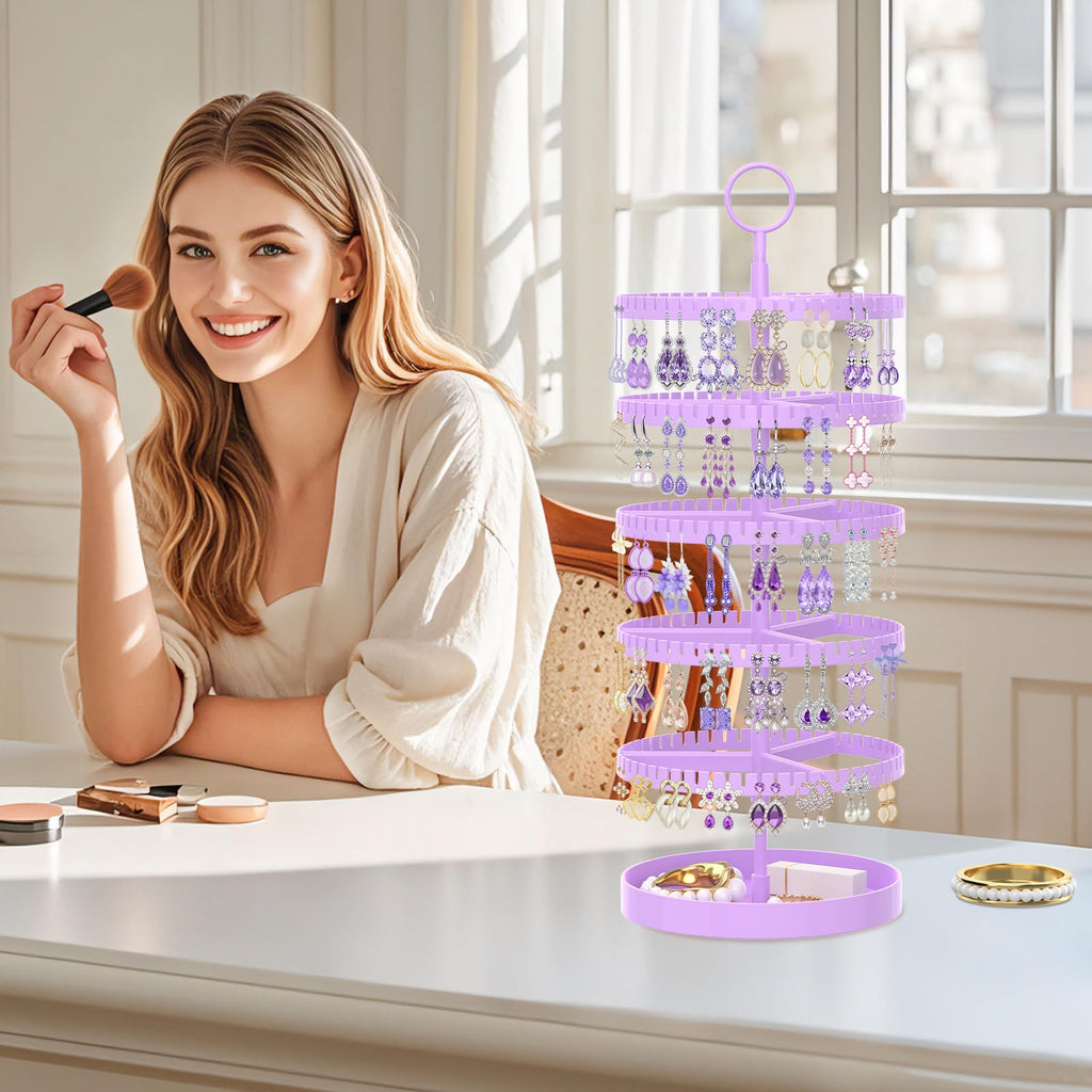 iDavosic.ly 5 Tier Rotating Earring Holder Organizer with Metal Tray, Adjustable Plastic Dangle Display Stands Tree with 285 Grooves, Large Hoop Storage Rack Tower, Purple