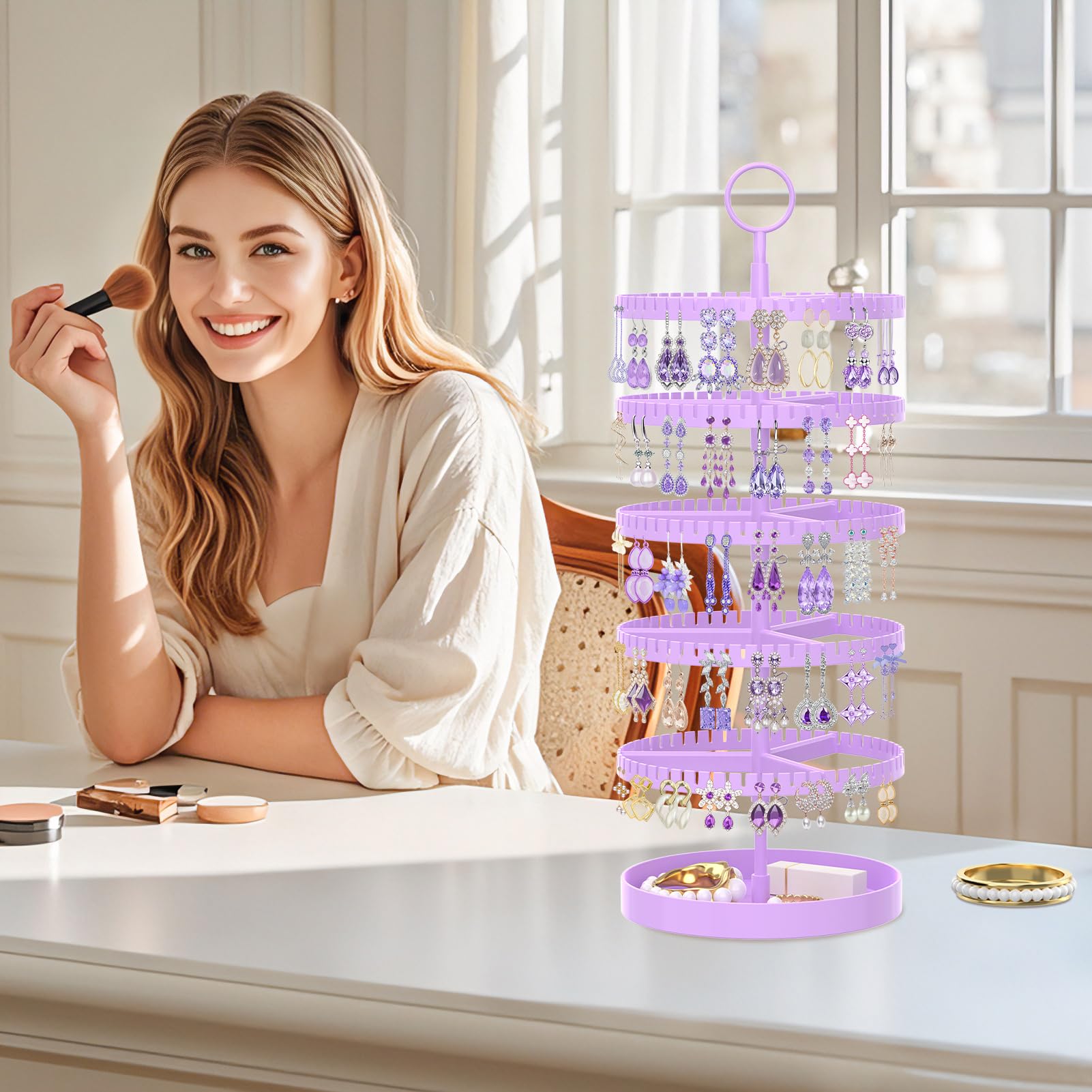 iDavosic.ly 5 Tier Rotating Earring Holder Organizer with Metal Tray, Adjustable Plastic Dangle Display Stands Tree with 285 Grooves, Large Hoop Storage Rack Tower, Purple