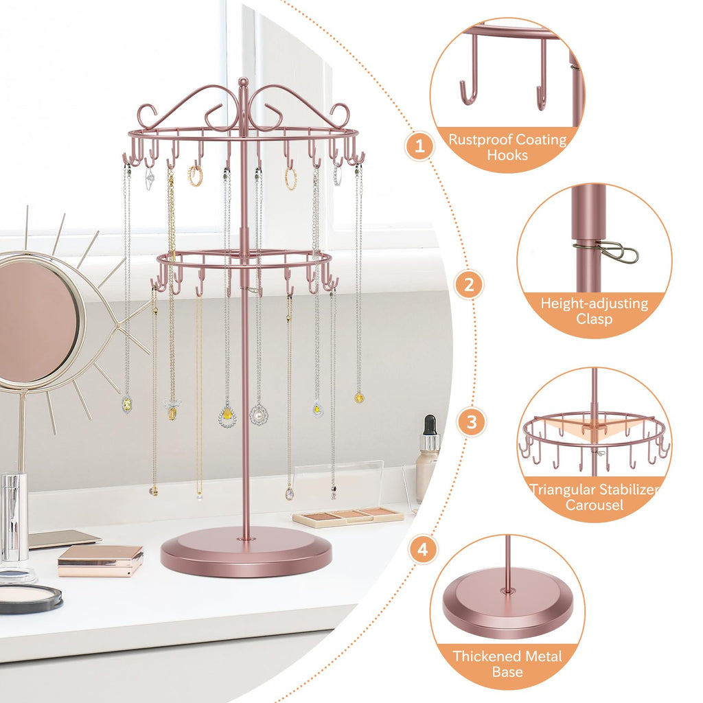 iDavosic.ly 2 Tier Rotating Necklace Holder Organizer with 42 Hooks, Adjustable Metal Bracelet Display Stand Rack, Extra Tall Keychain Spinning Tree Tower for Women, Rose Gold