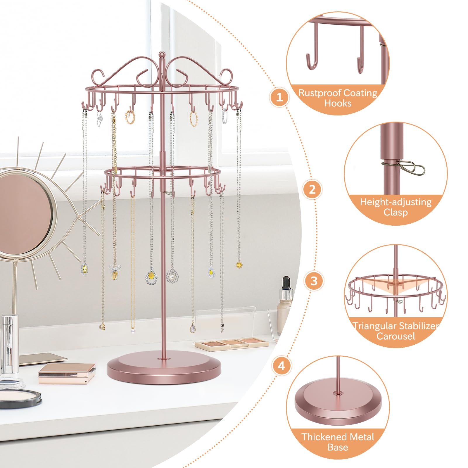 iDavosic.ly 2 Tier Rotating Necklace Holder Organizer with 42 Hooks, Adjustable Metal Bracelet Display Stand Rack, Extra Tall Keychain Spinning Tree Tower for Women, Rose Gold