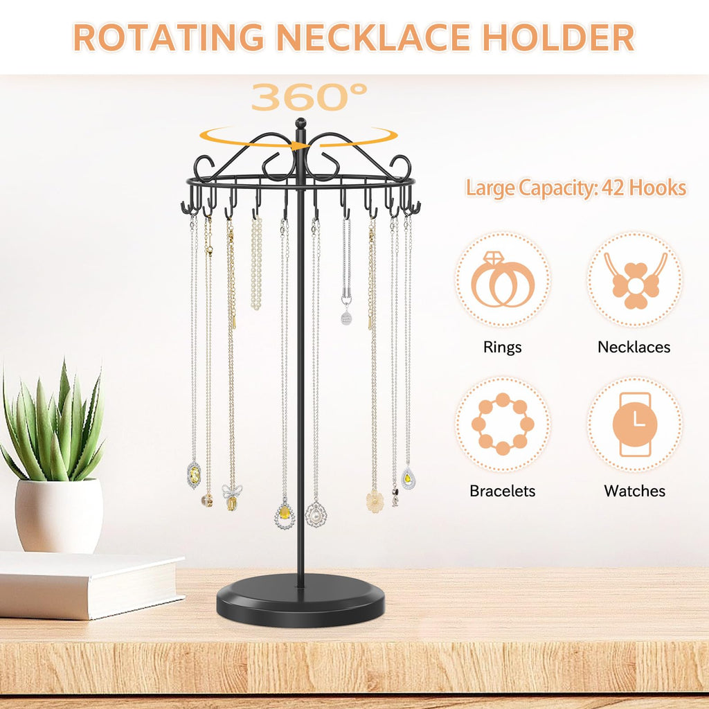 iDavosic.ly Rotating Necklace Holder Organizer with 24 Hooks, Adjustable Metal Bracelet Display Stand Rack, Extra Tall Keychain Spinning Tree Tower for Women, Black