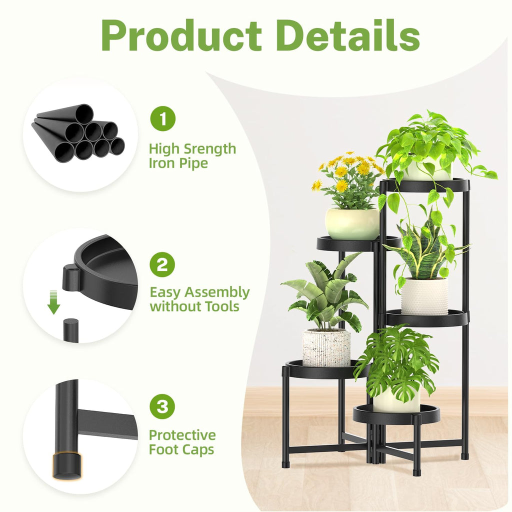 iDavosic.ly 2 Pack Black Foldable Plant Stand Indoor Outdoor, 6 Tier Large Corner Flower Pot Holders and 5 Layer Metal Plastic Tall Orchid Display Rack for Window Porch Garden Balcony Patio
