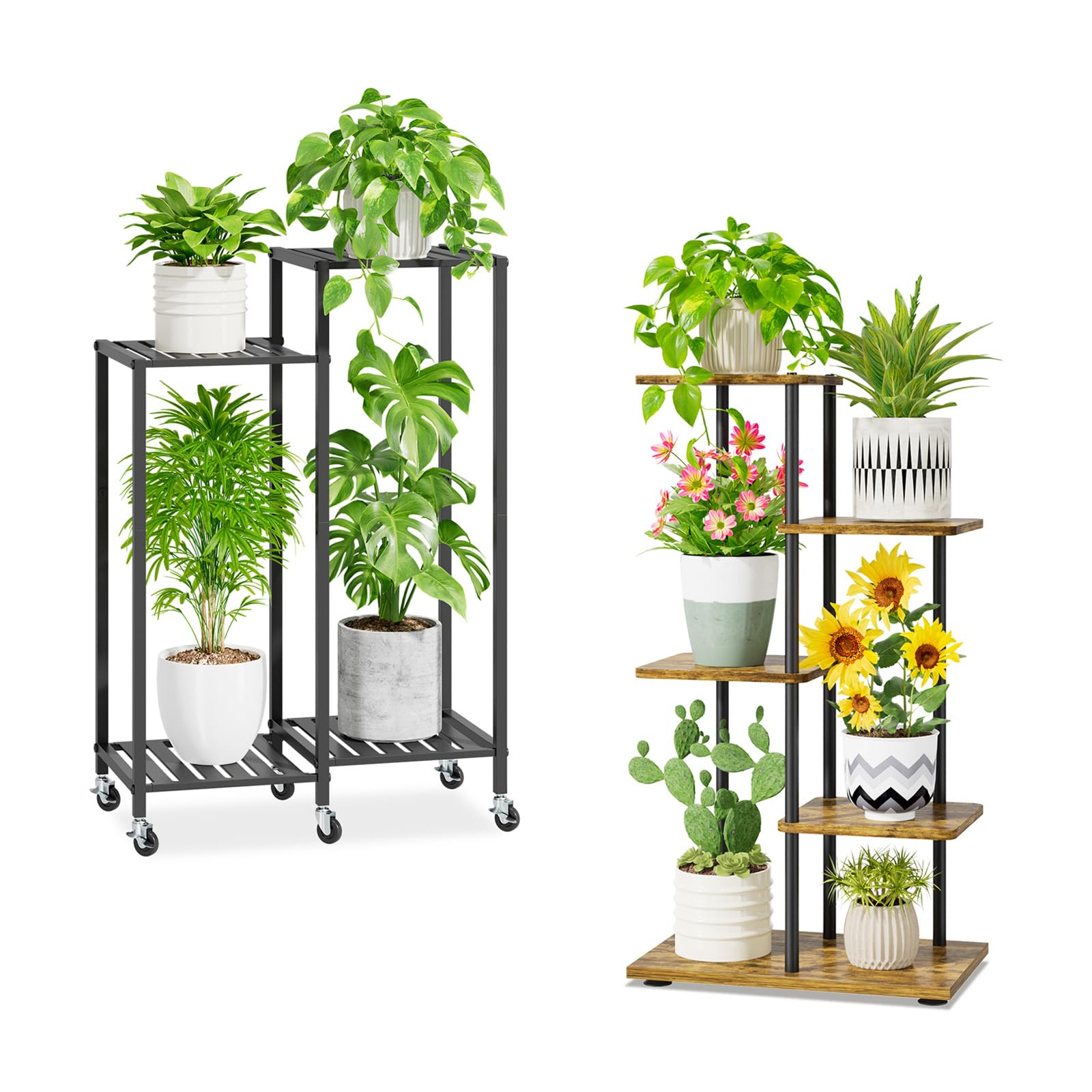 iDavosic.ly Plant Stand Indoor Outdoor Set of 2,4 Tier Metal Flower Holder Shelf with Wheels and 4 Layer Tall Orchid Display Rack for Patio Porch Living Room Balcony Outdoor