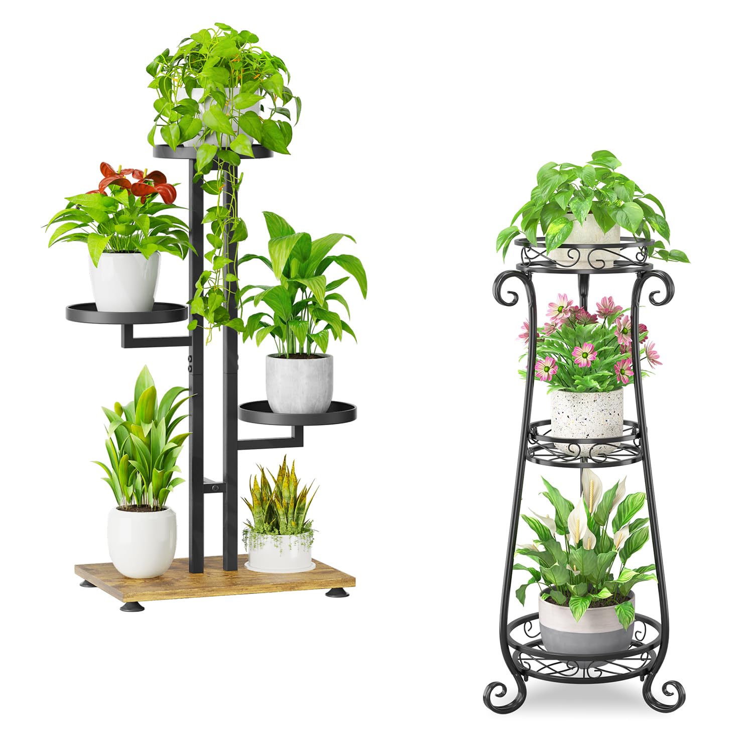 iDavosic.ly Plant Stand for Indoor Outdoor Set of 2, 4 Tier Corner Multiple Flower Pot Holder Shelf and 3 Layer Tall Vertical Heavy Duty Display Rack for Patio Porch Living Room Garden Balcony, Black