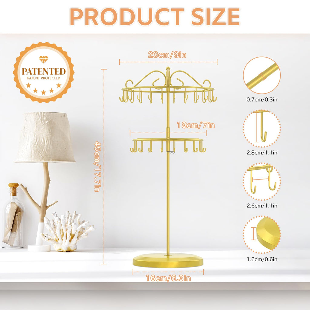 iDavosic.ly 2 Tier Rotating Necklace Holder Organizer with 42 Hooks, Adjustable Metal Bracelet Display Stand Rack, Extra Tall Keychain Spinning Tree Tower for Women, Gold