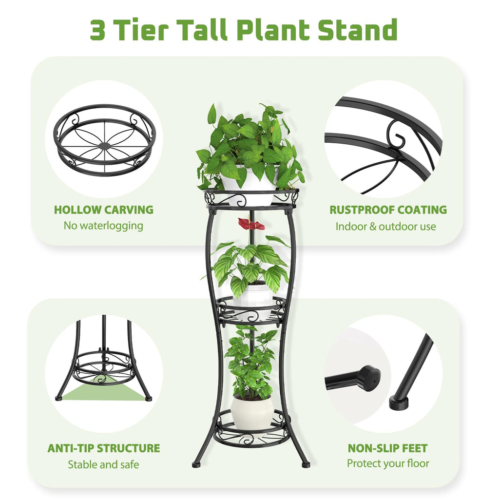 iDavosic.ly 2 Pack Plant Stand for Indoor Outdoor,34 Inch Tall Flower Display Rack and 5 Tier Foldable Metal Plastic Corner Orchid Pot Holder Shelf for Living Room Garden Patio, Black