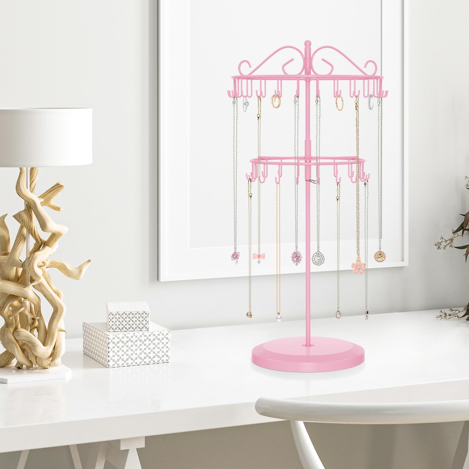 iDavosic.ly 2 Tier Rotating Necklace Holder Organizer with 42 Hooks, Adjustable Metal Bracelet Display Stand Rack, Extra Tall Keychain Spinning Tree Tower for Women, Pink