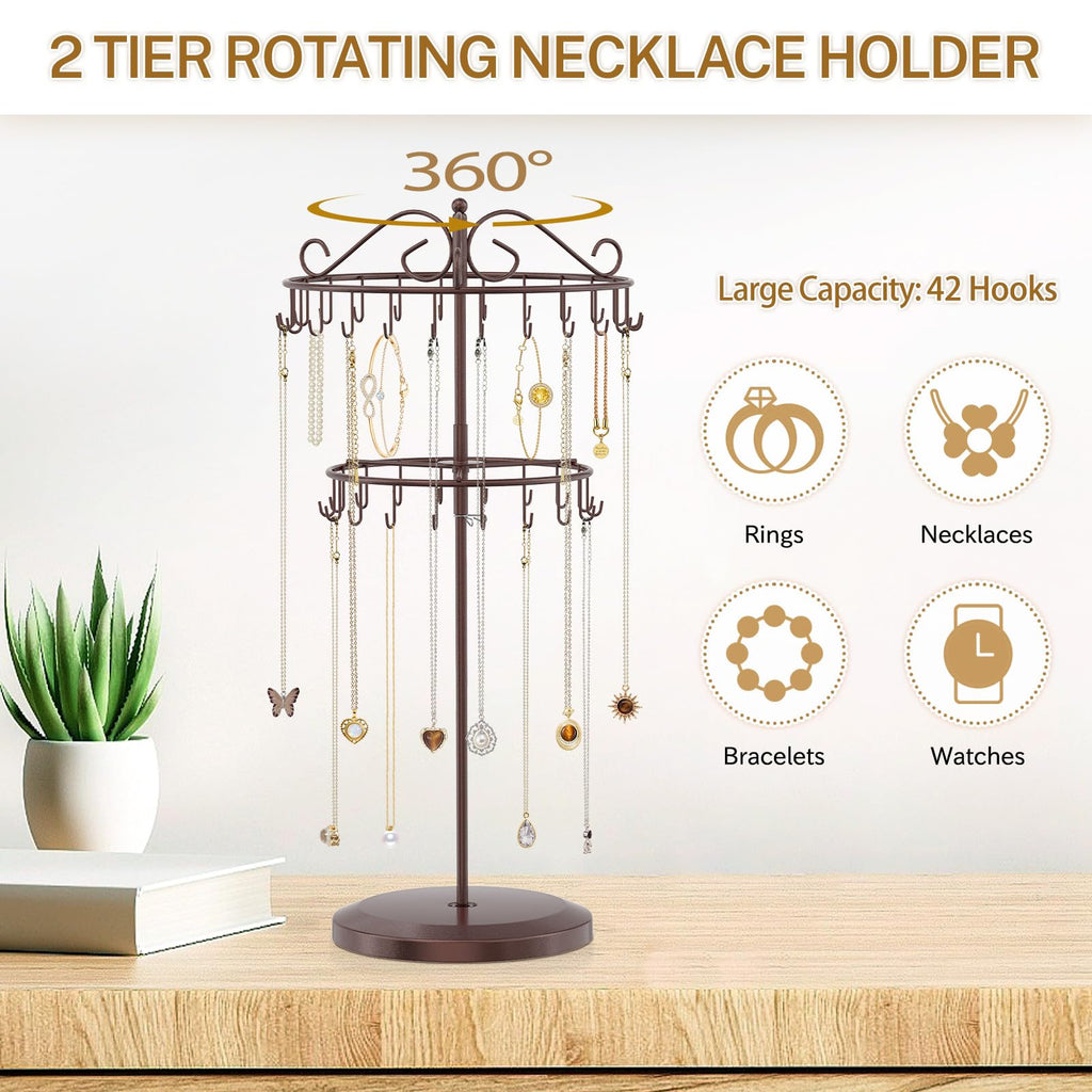 iDavosic.ly 2 Tier Rotating Necklace Holder Organizer with 42 Hooks, Adjustable Metal Bracelet Display Stand Rack, Extra Tall Keychain Spinning Tree Tower for Women, Espresso Brown