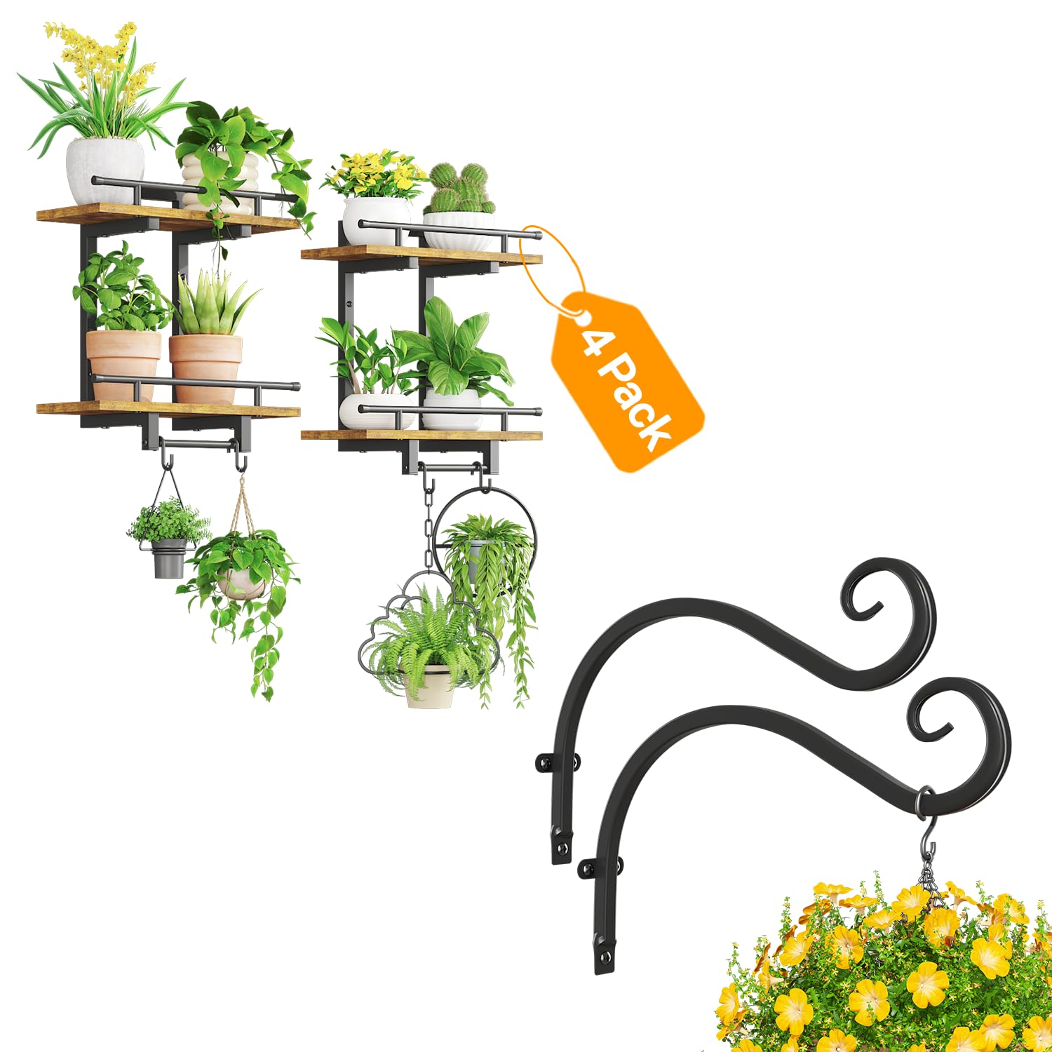 iDavosic.ly Wall Plant Shelves Set of 4, Indoor Outdoor Heavy Duty Hooks, Metal Wall Mounted 2-Tier Display Haing Brackets for Living Room, Bedroom, Garden Patio (Pots/Chains/Plants Not Included)