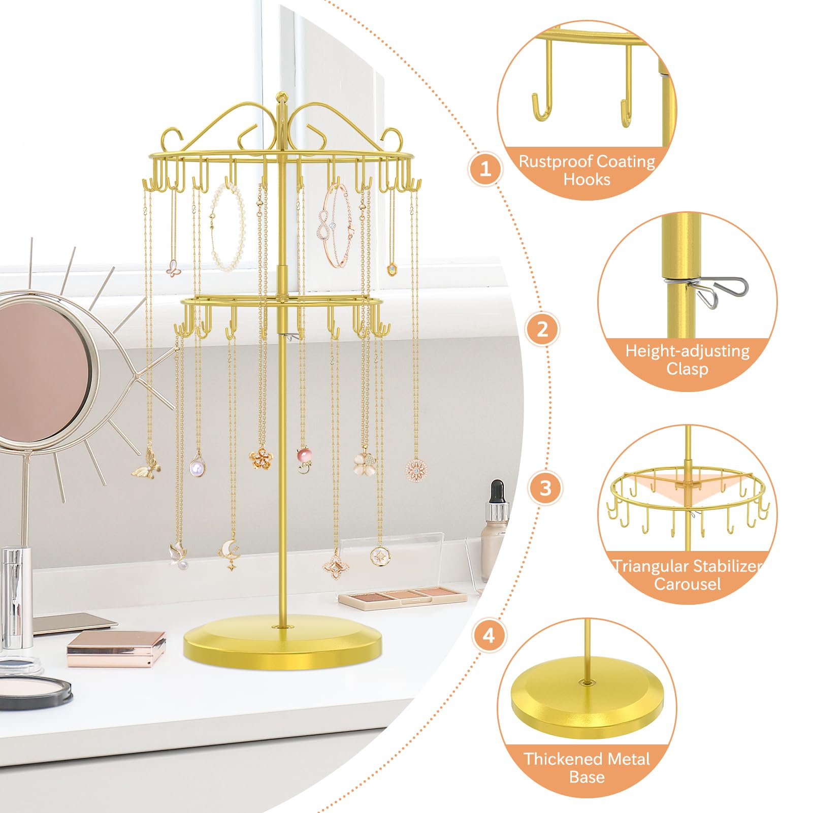 iDavosic.ly 2 Tier Rotating Necklace Holder Organizer with 42 Hooks, Adjustable Metal Bracelet Display Stand Rack, Extra Tall Keychain Spinning Tree Tower for Women, Gold